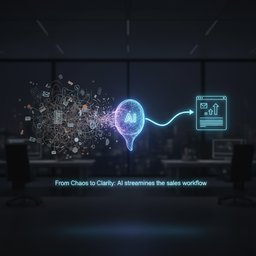 A flowchart showing a messy, manual sales admin process being streamlined into a clean, automated one by an AI agent.