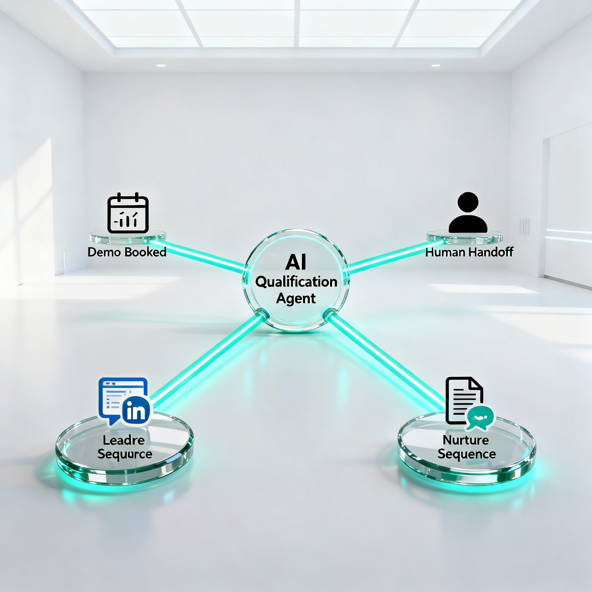 A flowchart showing an AI agent qualifying a lead from a web form and booking a demo directly into a sales rep's calendar.