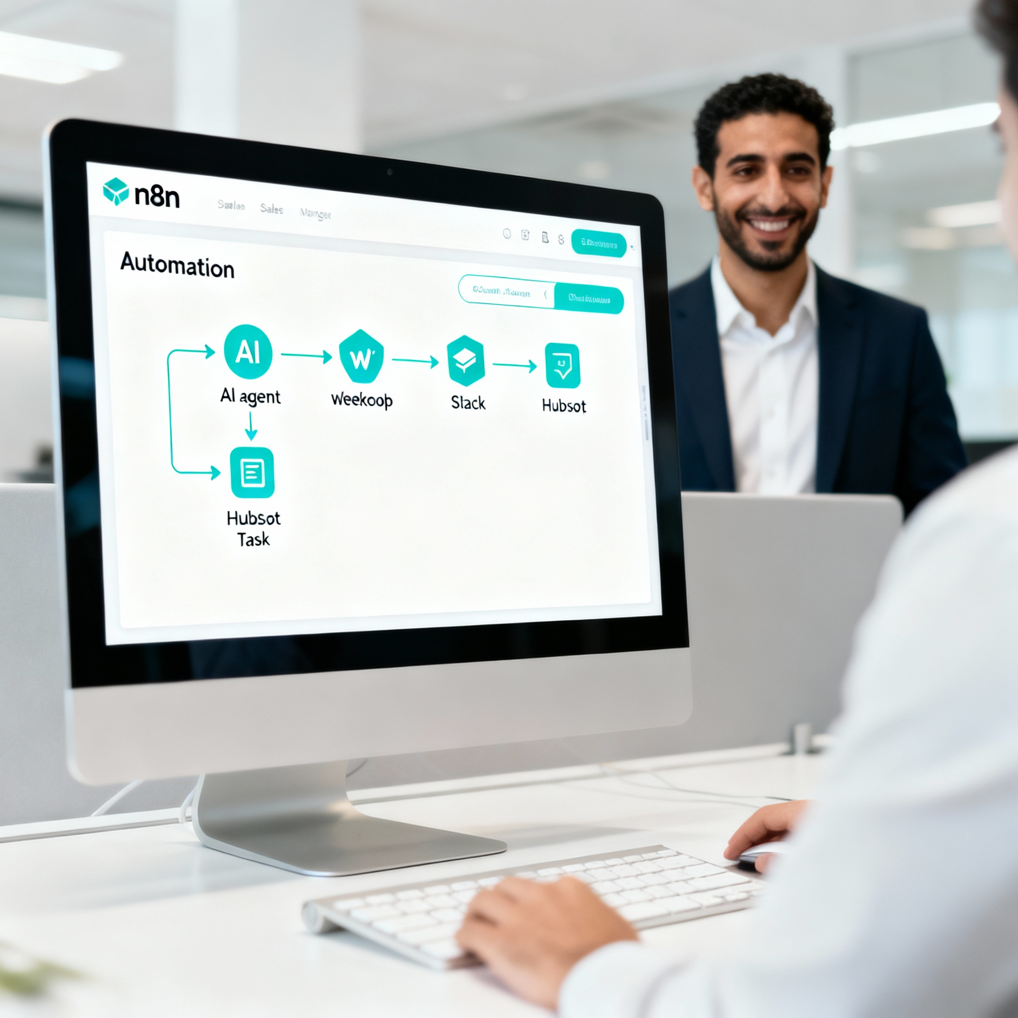 An n8n workflow showing an AI agent webhook triggering a Slack notification and a HubSpot task for human handoff.