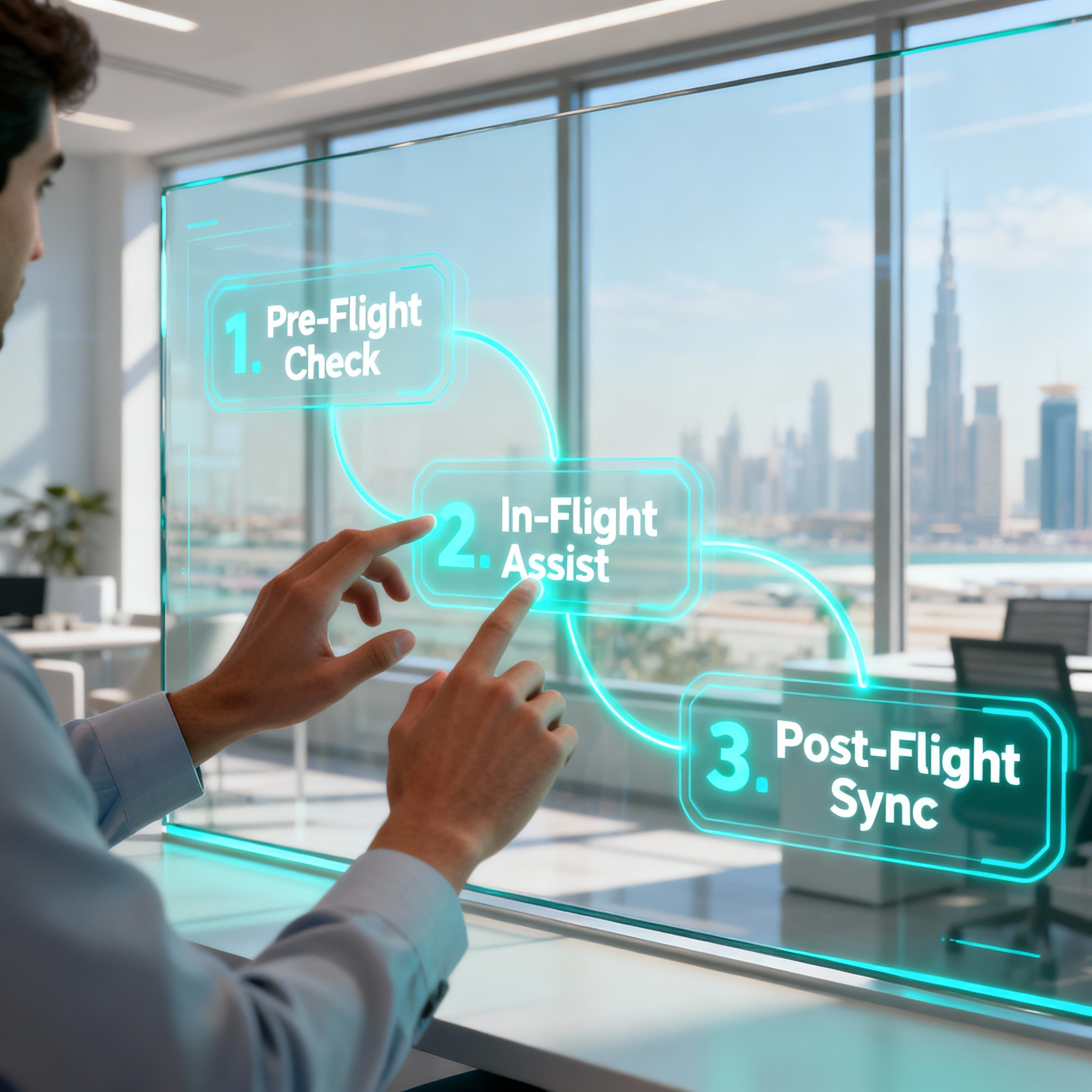 A diagram showing the three phases of the AI Sales Co-pilot framework: Pre-Flight Check, In-Flight Assist, and Post-Flight Sync.