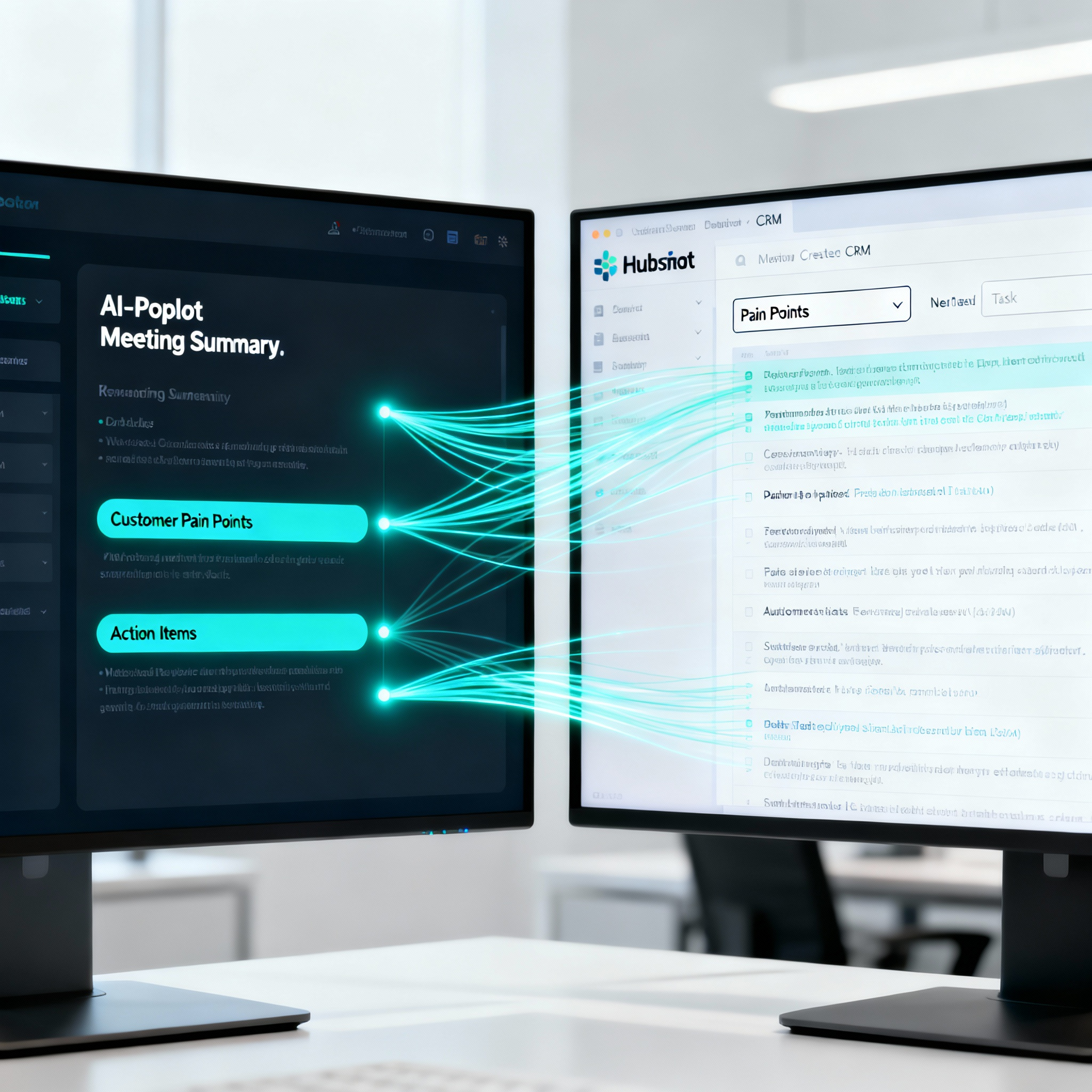 A workflow diagram showing how an AI co-pilot's meeting summary is parsed and used to update fields in a HubSpot CRM deal record.