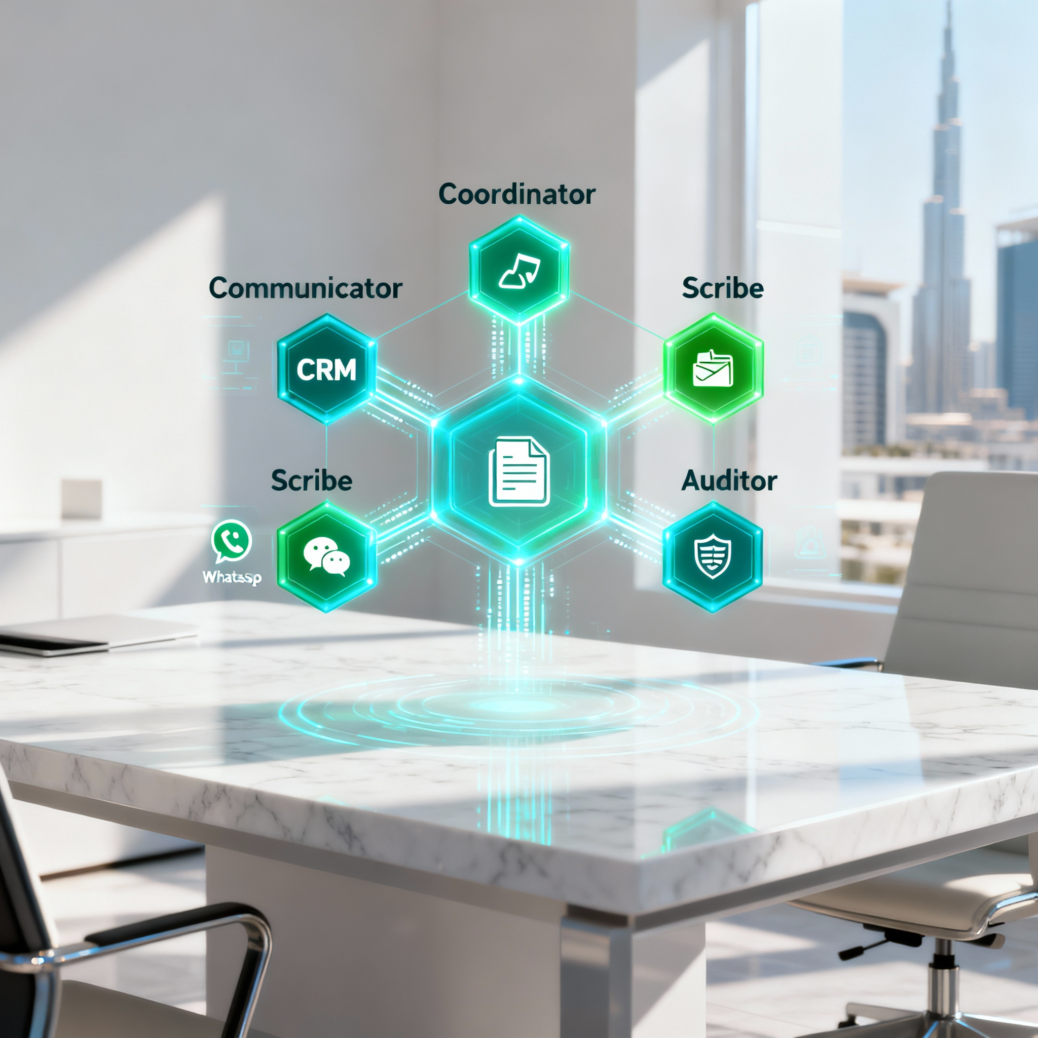 A workflow diagram showing four AI agents—Coordinator, Communicator, Scribe, and Auditor—interacting with a CRM, WhatsApp, and a document folder.