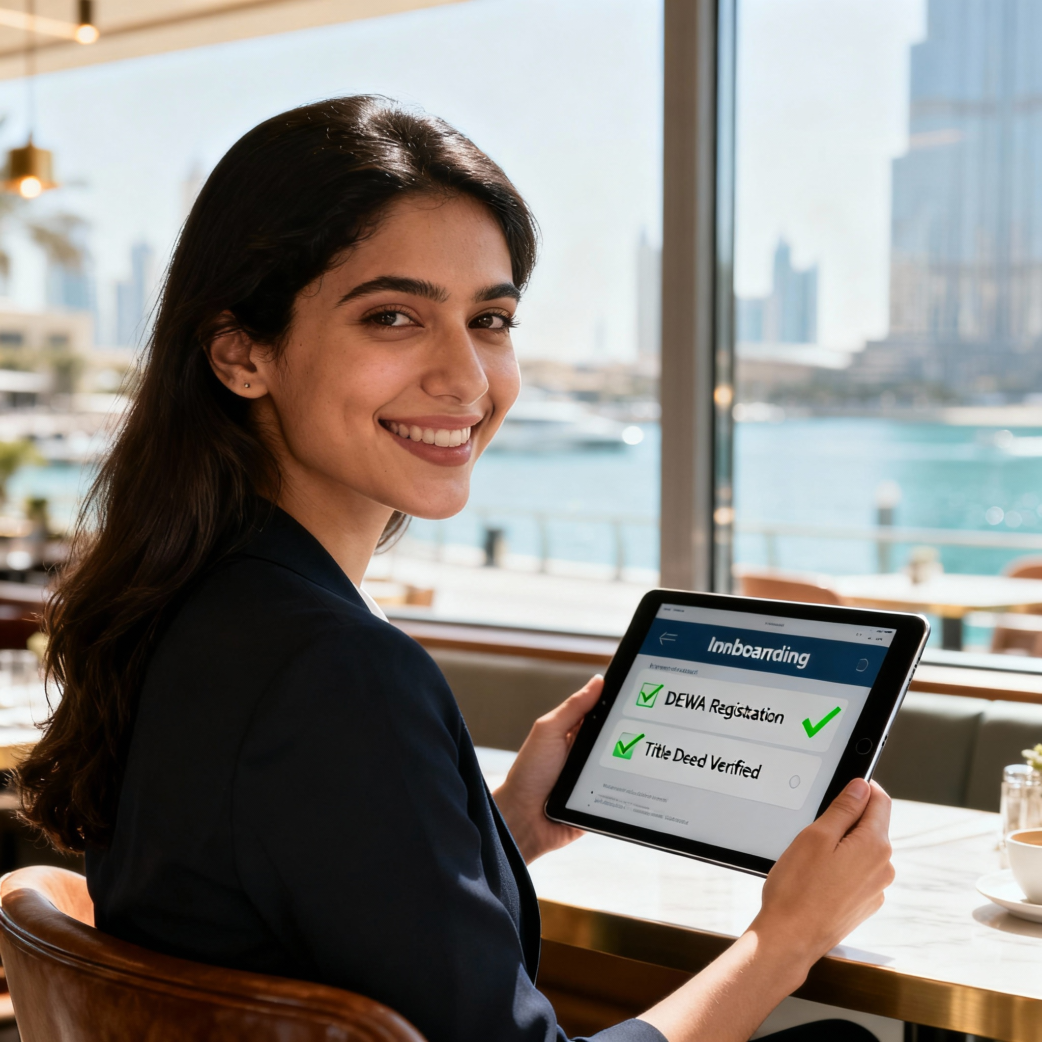 A sleek graphic of a checklist with items like DEWA registration and Title Deed checked off, set against a Dubai skyline.