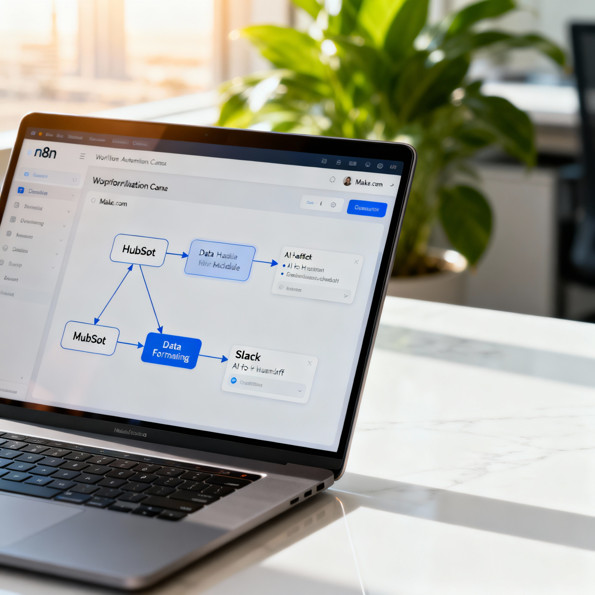 An n8n workflow canvas automating the AI-to-human handoff from HubSpot to Slack.