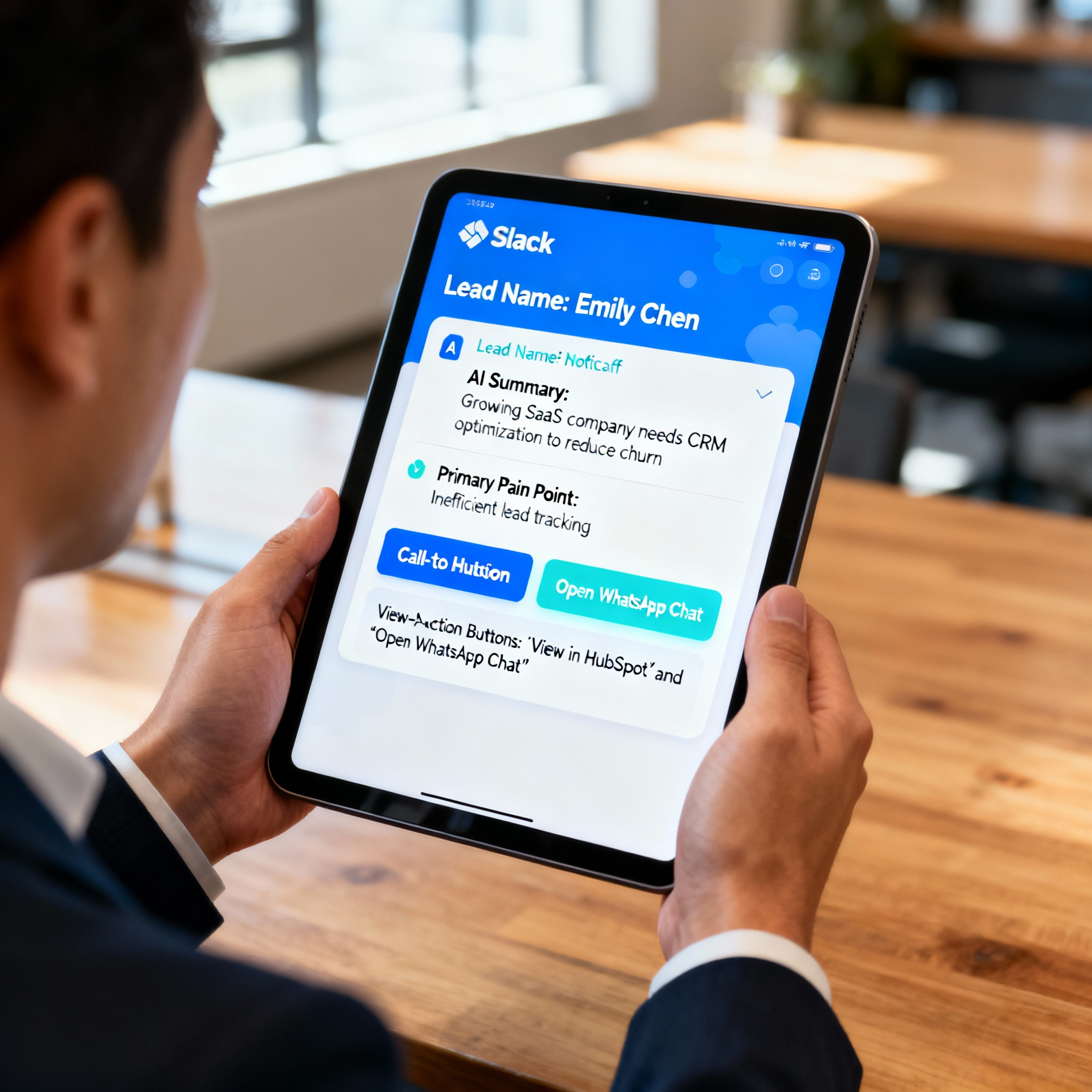 A clean handoff notification in a Slack channel, showing lead name, summary, pain point, and deep links to HubSpot and WhatsApp.