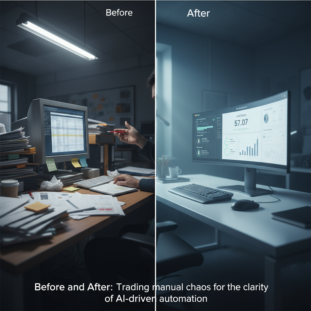 A split-screen image showing a cluttered manual spreadsheet on one side and a clean, automated AI dashboard on the other.