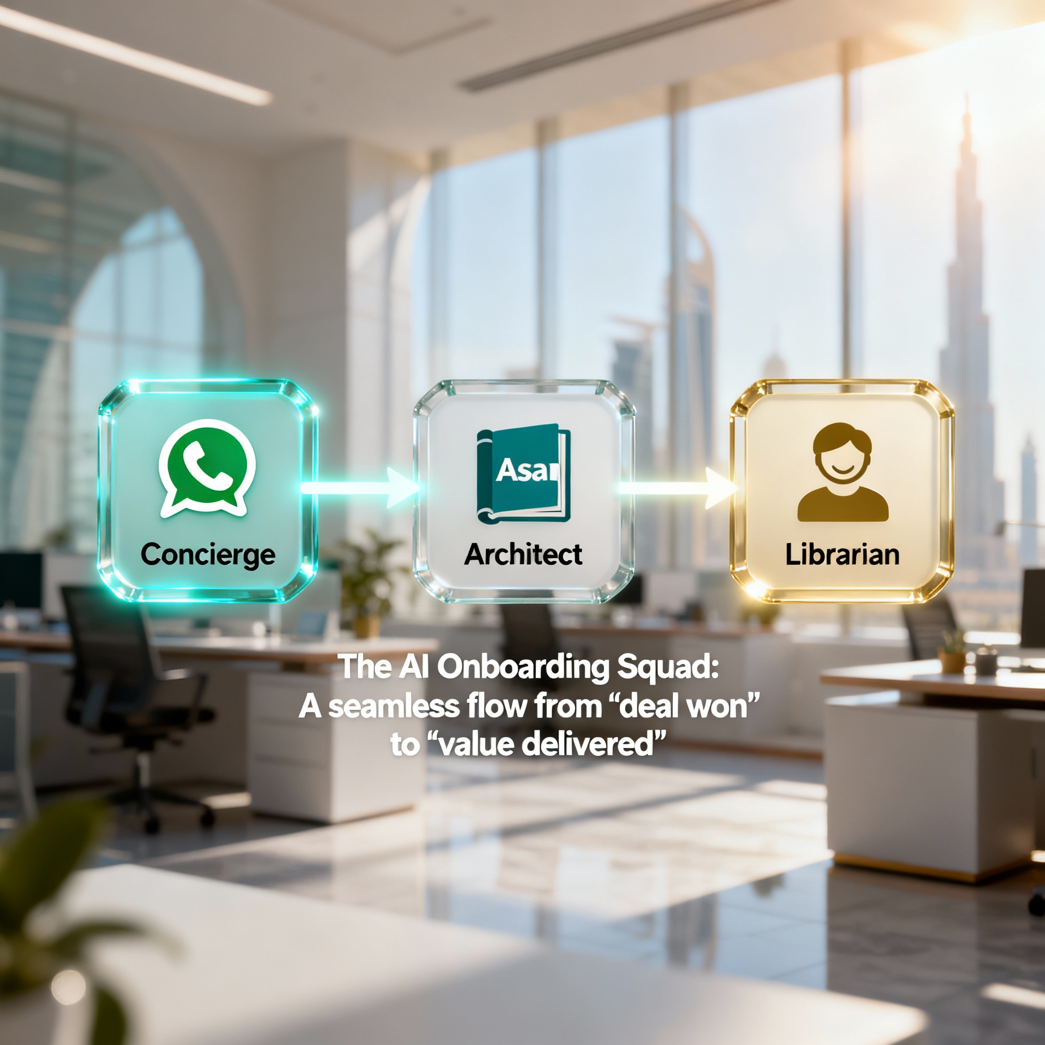 A workflow diagram showing how a multi-agent AI squad automates customer onboarding from a CRM trigger to project setup.