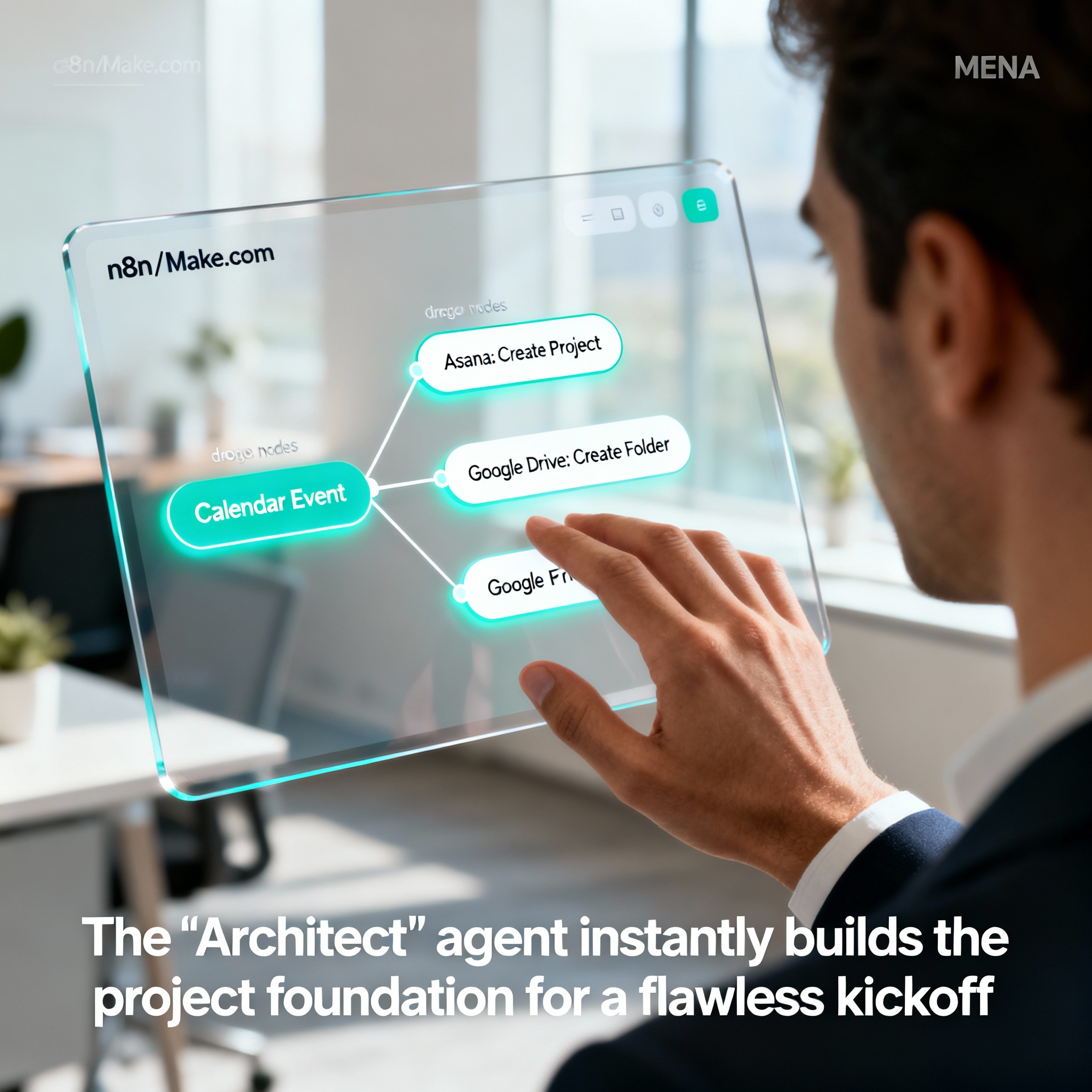 An n8n workflow showing the logic for the Architect Agent, connecting a webhook from a calendar to create tasks in Asana and a folder in Google Drive.