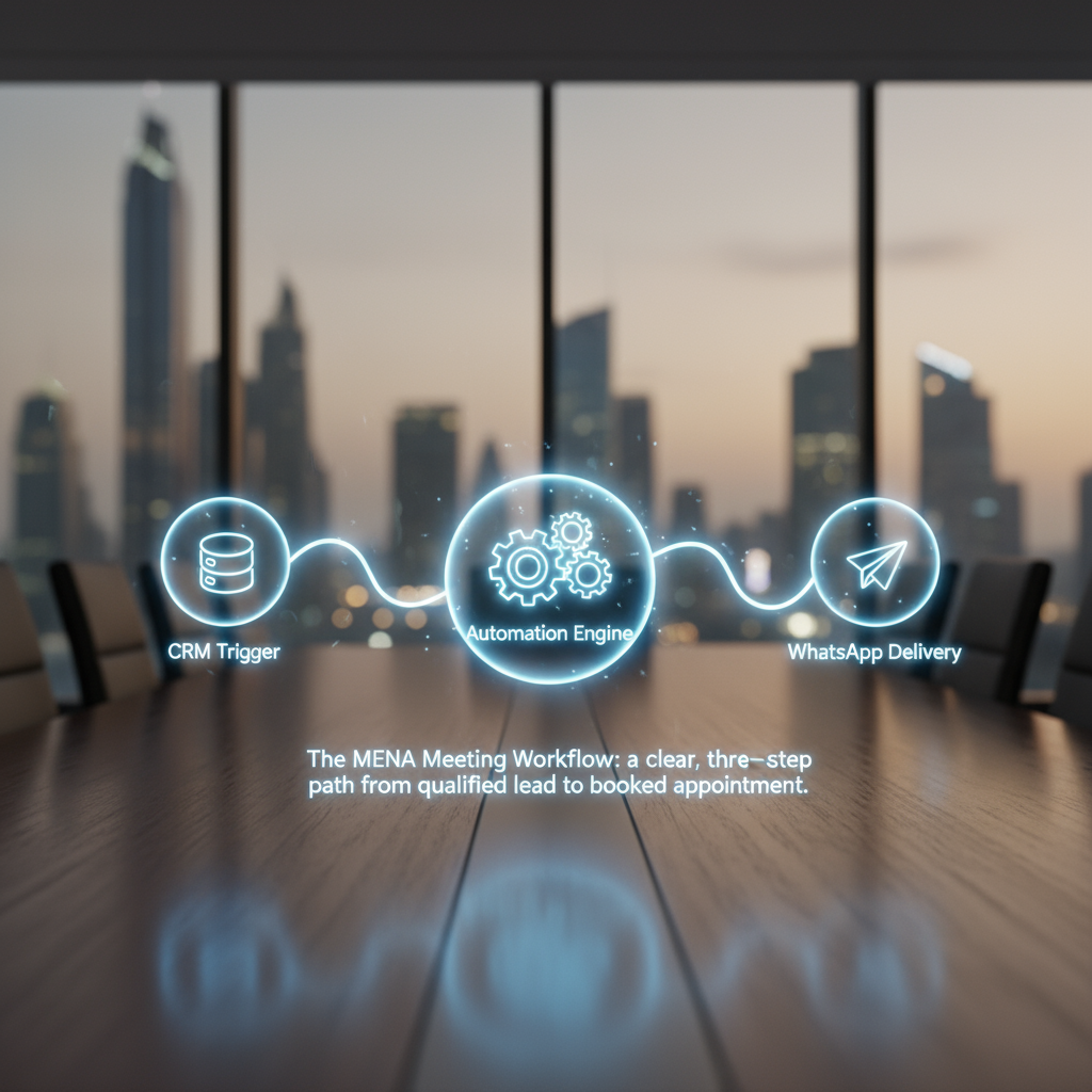 A flowchart of the MENA Meeting Workflow: 1. CRM Trigger, 2. Automation Engine, 3. Send Booking Link via WhatsApp.
