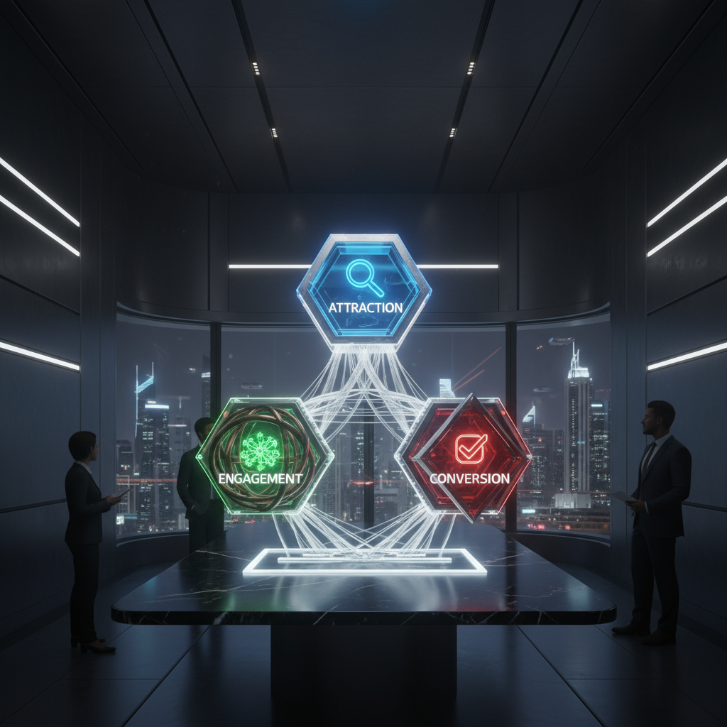 A flowchart showing the three stages of the Funnel-Aware Digital Twin Framework: Attraction, Engagement, and Conversion.