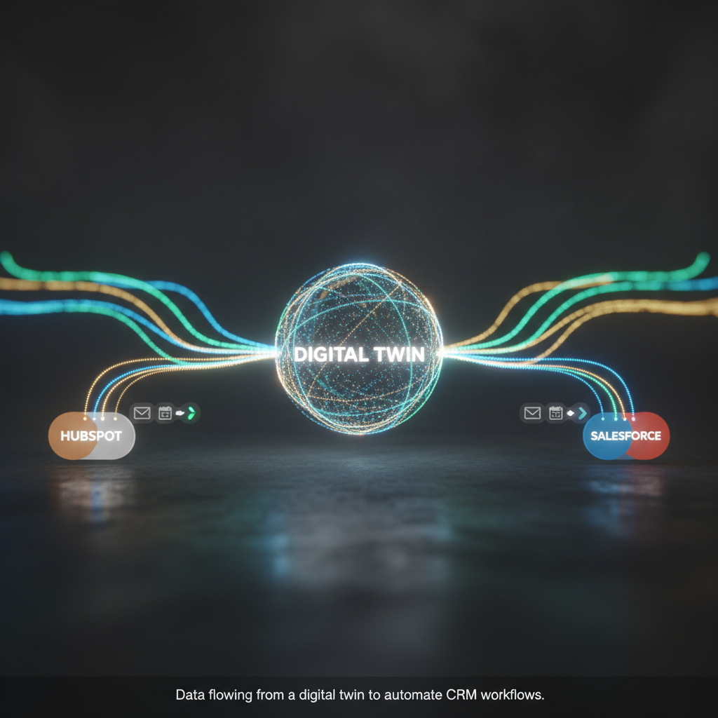A diagram illustrating data flowing from a digital twin platform to HubSpot and Salesforce CRMs, triggering automated workflows.