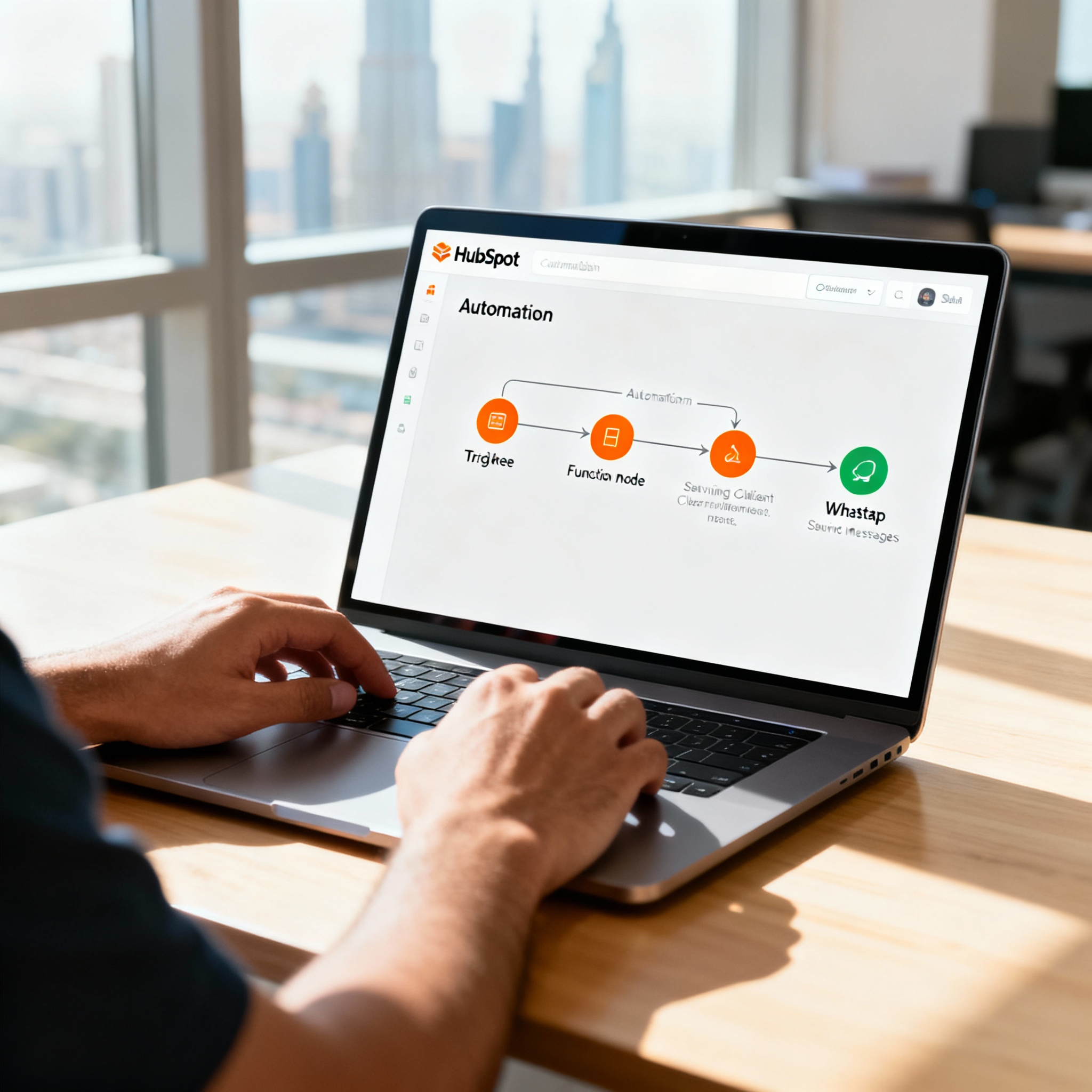 An example automation workflow in n8n connecting HubSpot triggers to WhatsApp messages for client success.