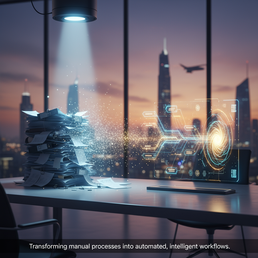 A flowchart showing a manual business process being transformed into an automated one using AI agents.