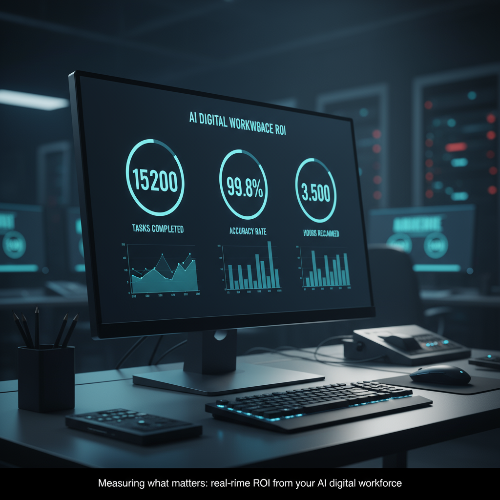 A dashboard showing the performance metrics of an AI digital worker, including tasks completed and time saved.