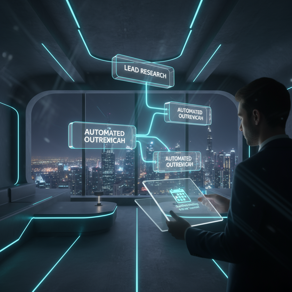 A flowchart showing an AI agent automating the steps of lead research, outreach, and qualification, feeding directly into a human account executive's calendar.