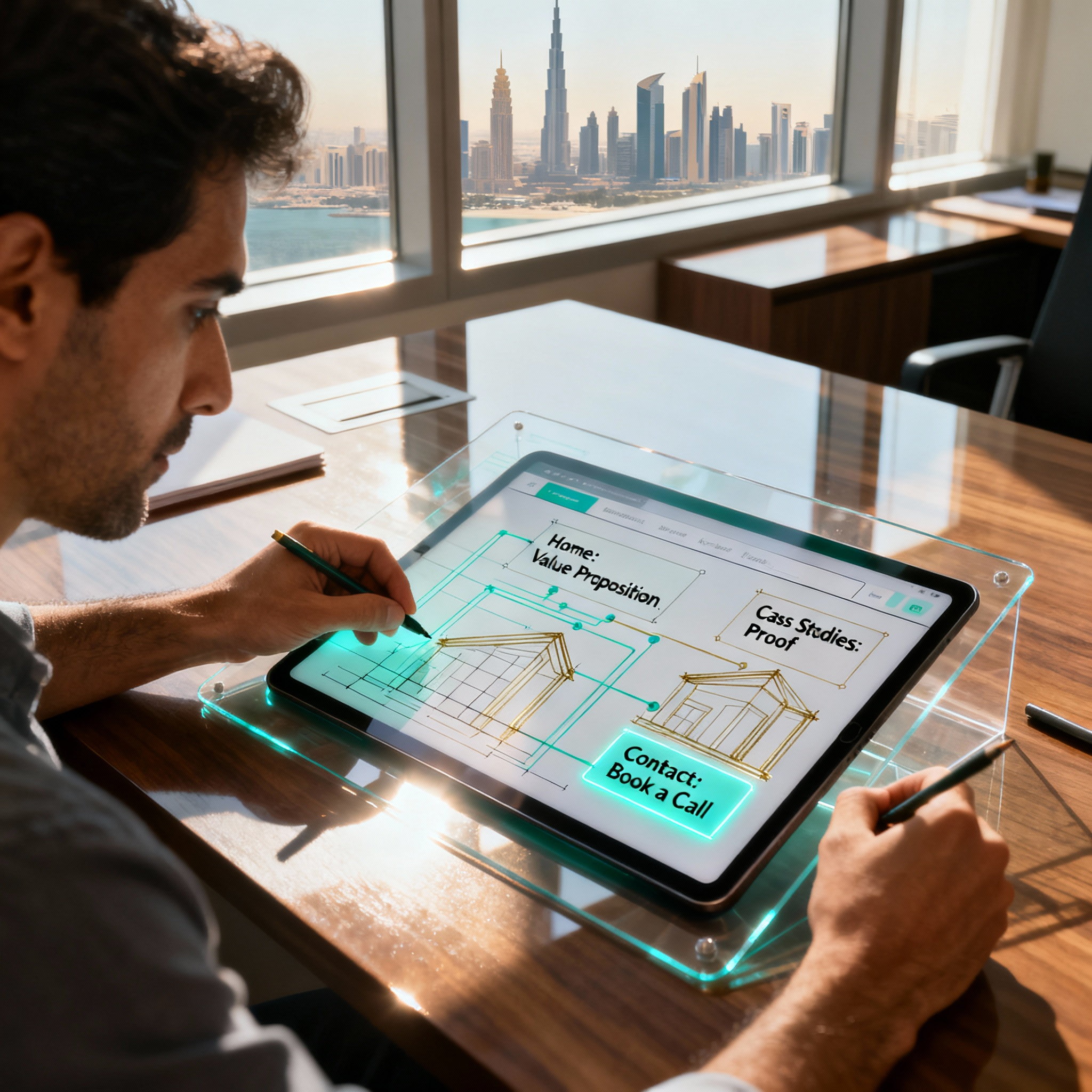 A wireframe showing the key sections of a high-converting personal website for a founder.