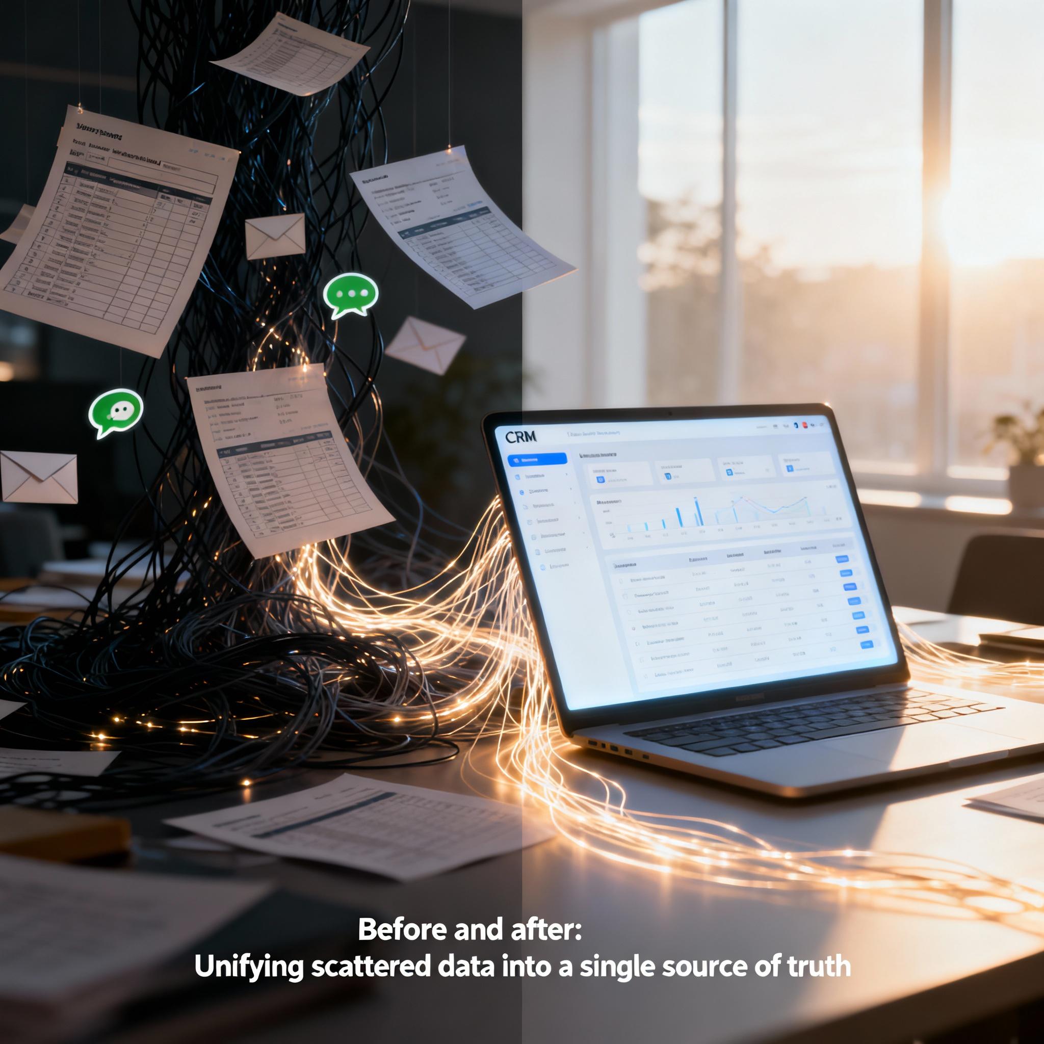 A diagram contrasting a chaotic workflow of spreadsheets and notes with a clean, streamlined process inside a single CRM dashboard.