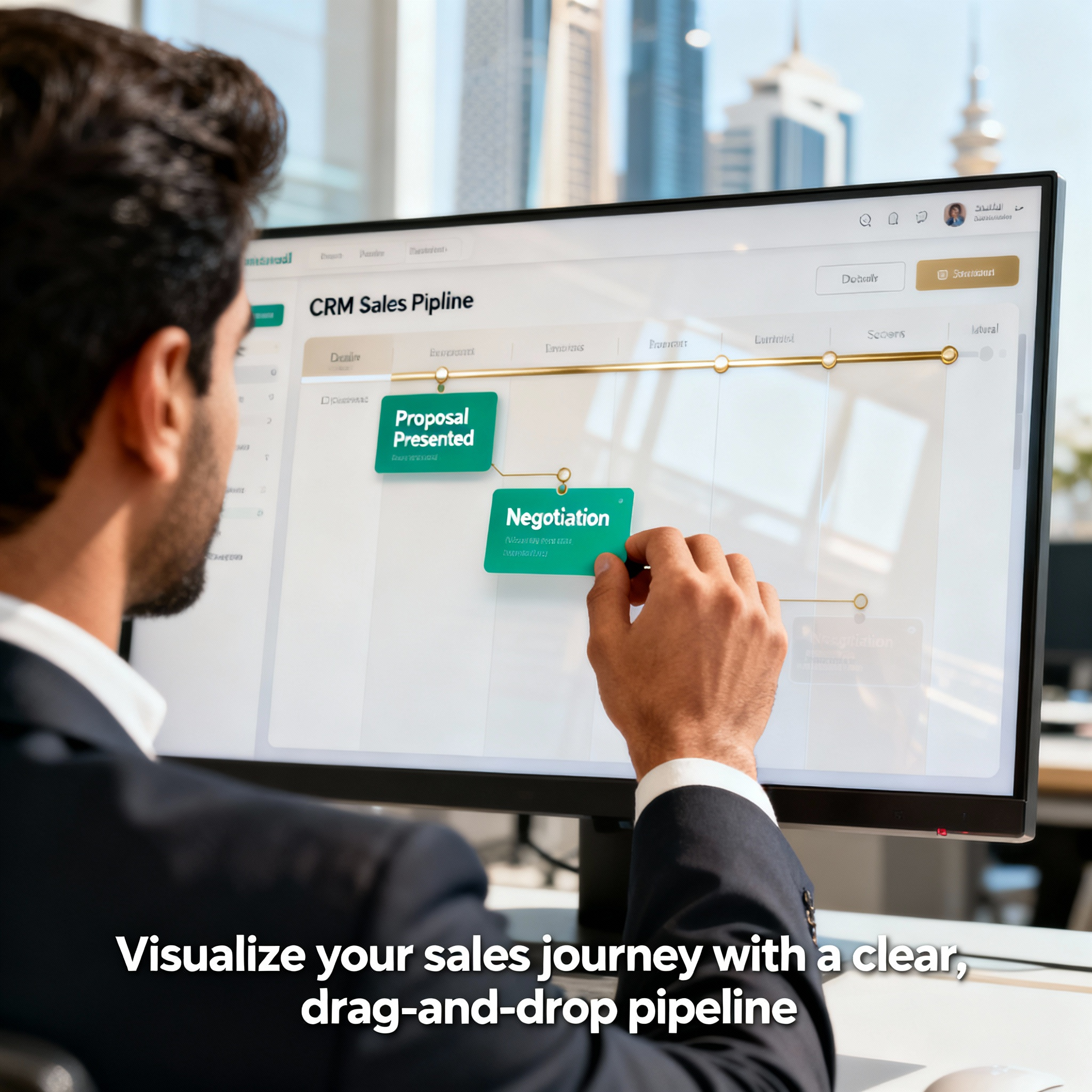 A clear and simple sales pipeline view on a CRM dashboard, showing deal stages like Lead In, Contact Made, and Proposal Presented.