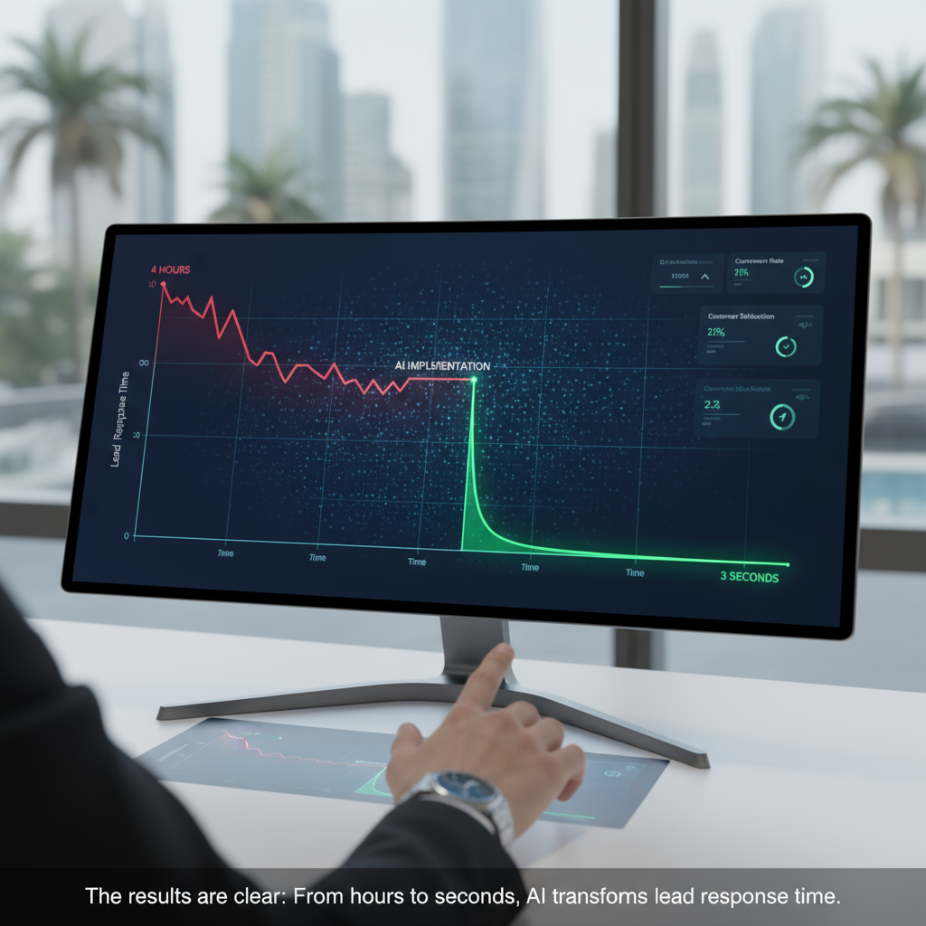 A mock-up showing a dashboard with lead response time dropping from hours to seconds after AI implementation.