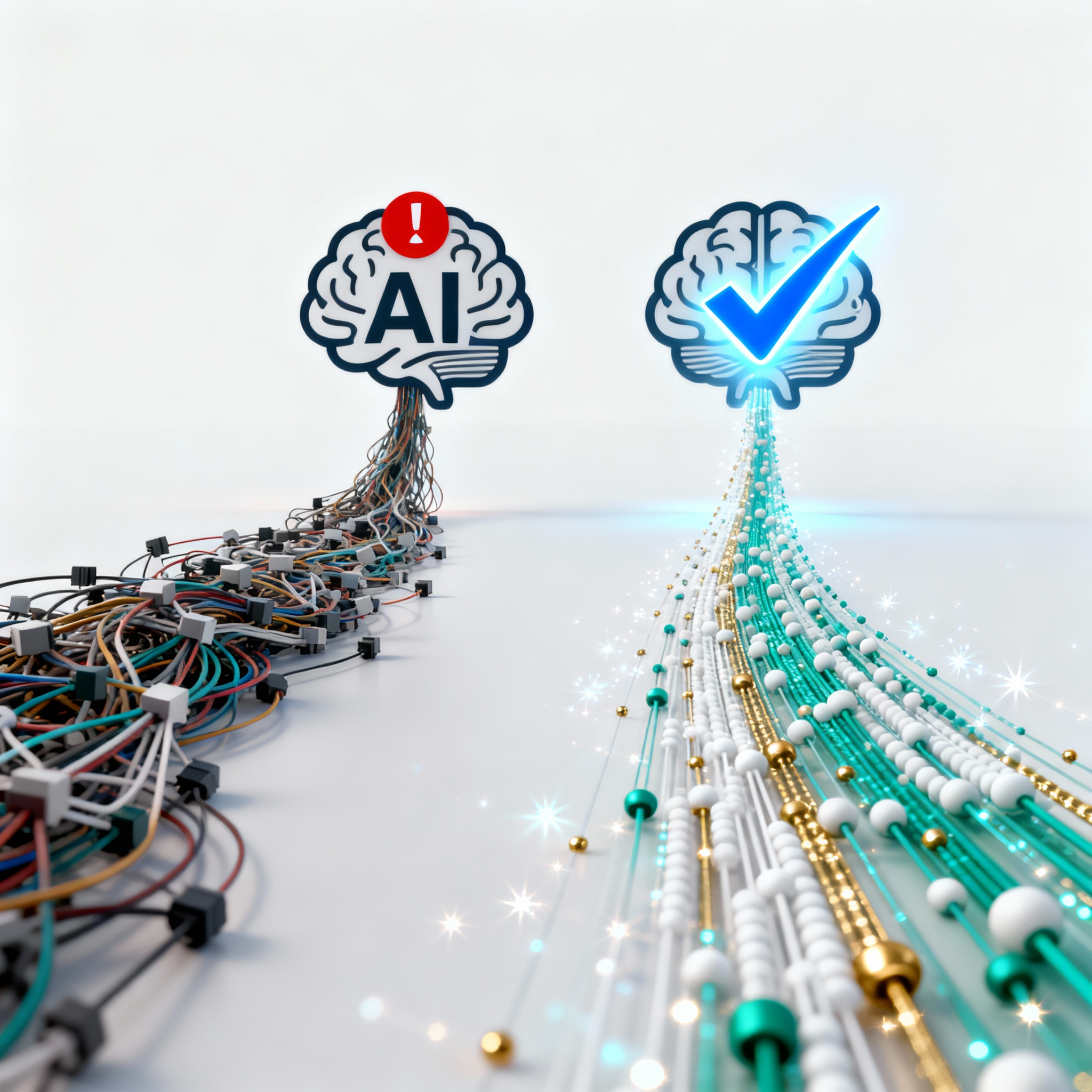 A diagram showing messy, duplicated data flowing into an AI agent, resulting in errors, versus clean, unified data flowing into an AI agent, resulting in successful outcomes.