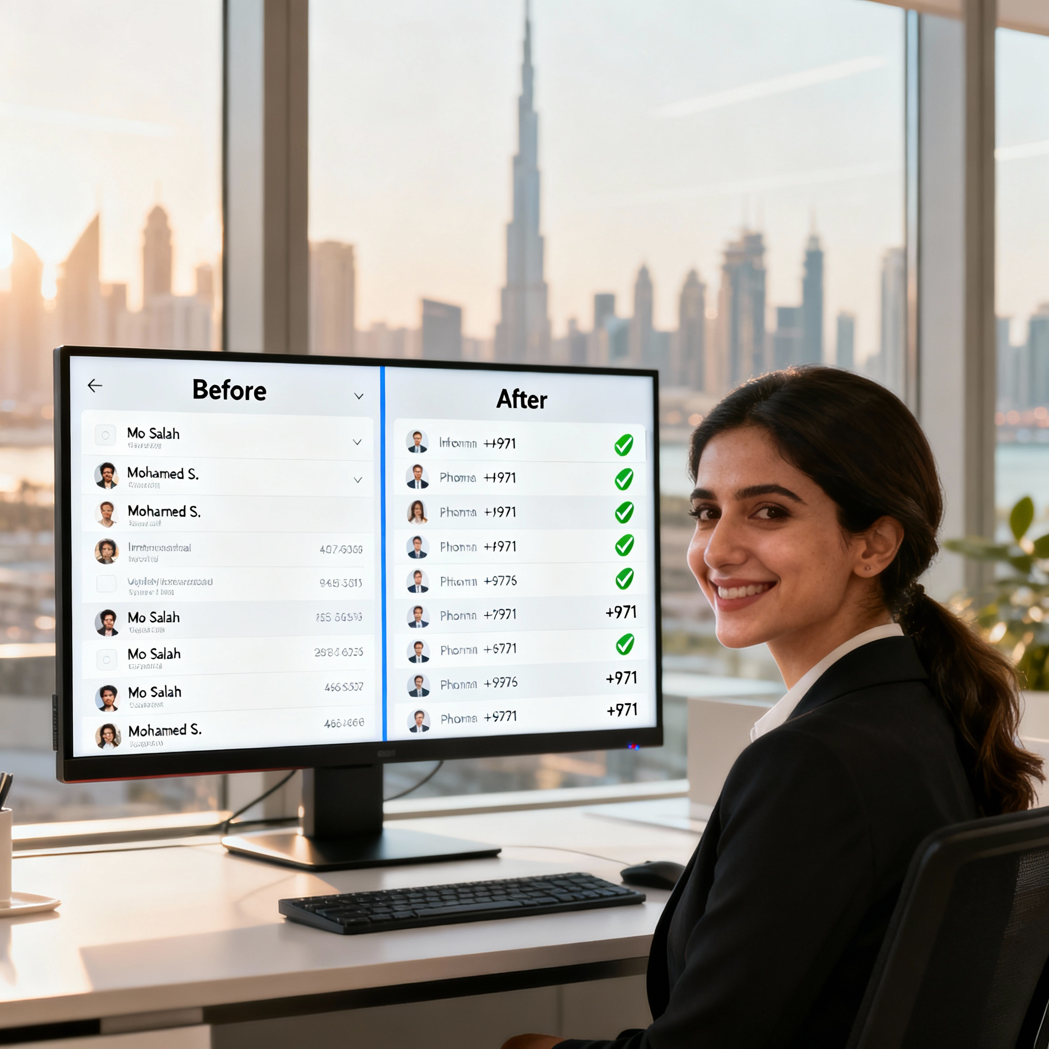 A side-by-side comparison of a messy CRM contact list with inconsistent formatting and a clean list with standardized data.