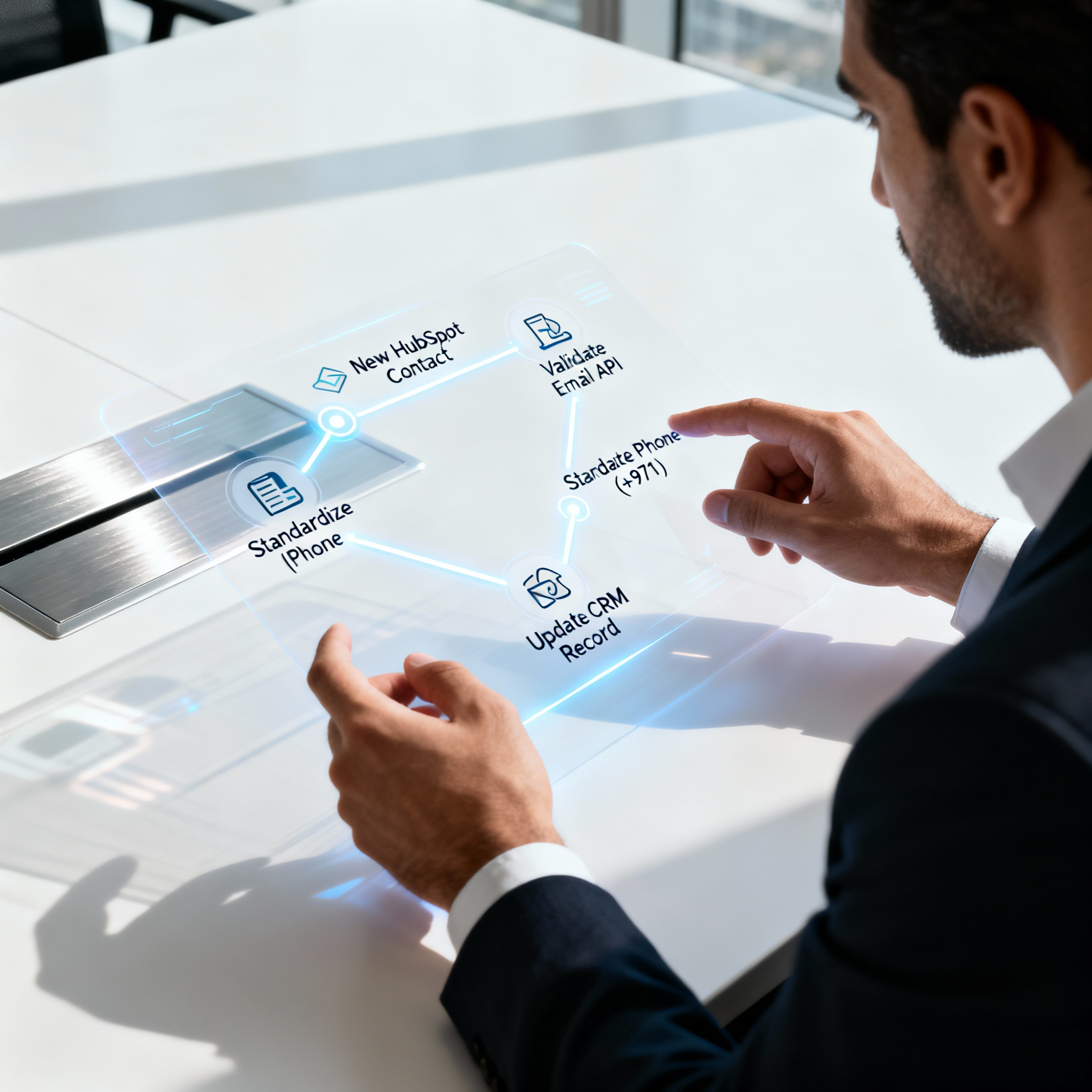 A screenshot of an n8n or Make.com workflow showing nodes for receiving a new contact, validating the email, formatting the phone number, and updating the CRM.