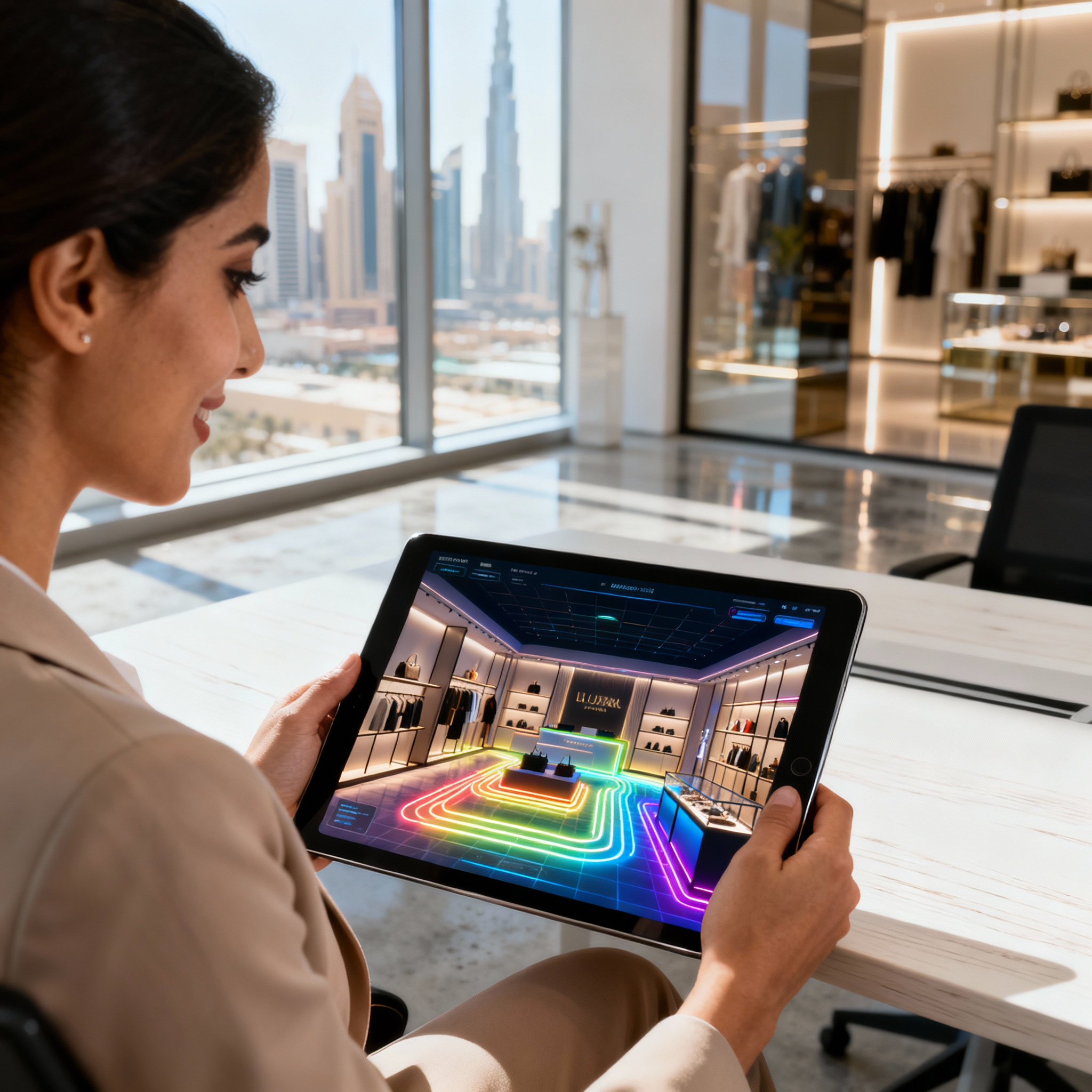 A 3D digital twin of a modern retail store layout on a tablet screen, showing customer flow paths.