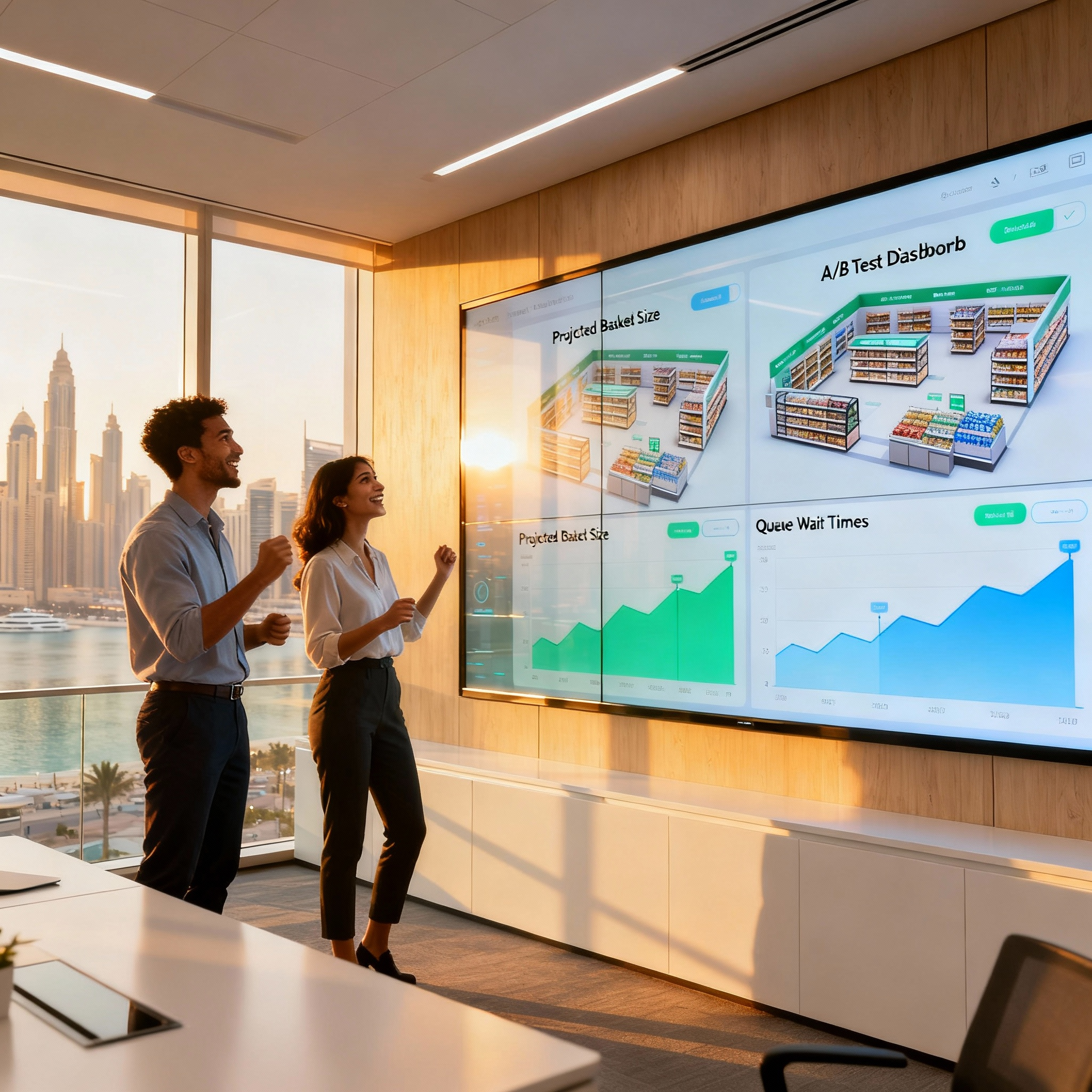 A dashboard showing a simulation of two different store layouts, A and B, with predicted metrics for each.