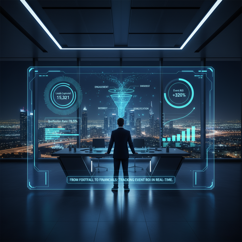 A dashboard showing event lead data flowing into a CRM like HubSpot, with charts indicating ROI.