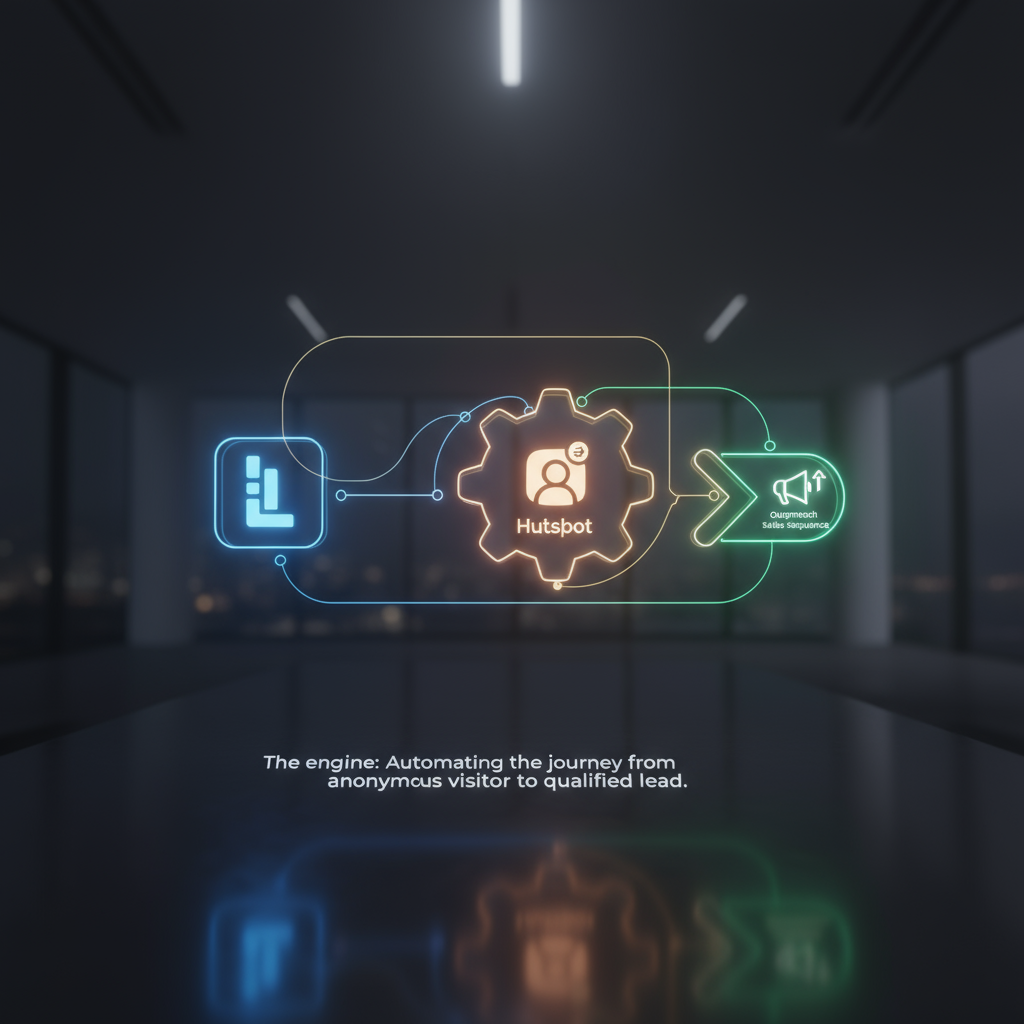 A workflow automation diagram showing data moving from a visitor ID tool to a CRM, then triggering an outreach sequence.