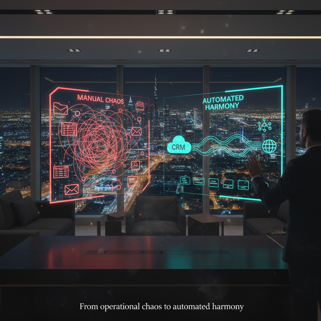 A flowchart comparing a complex manual post-sale process with a simplified and clear automated workflow for real estate.