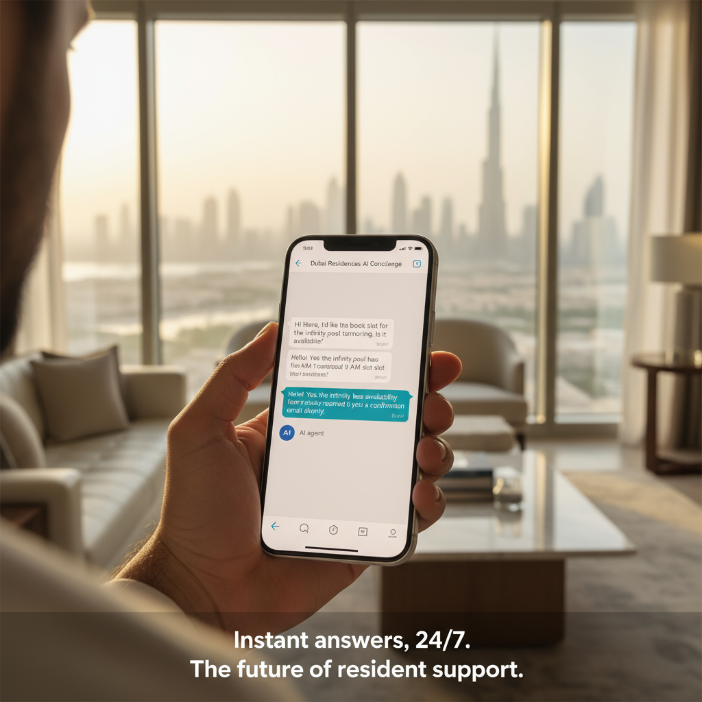A mockup of a WhatsApp conversation where an AI agent instantly answers a new resident's question about community amenities.