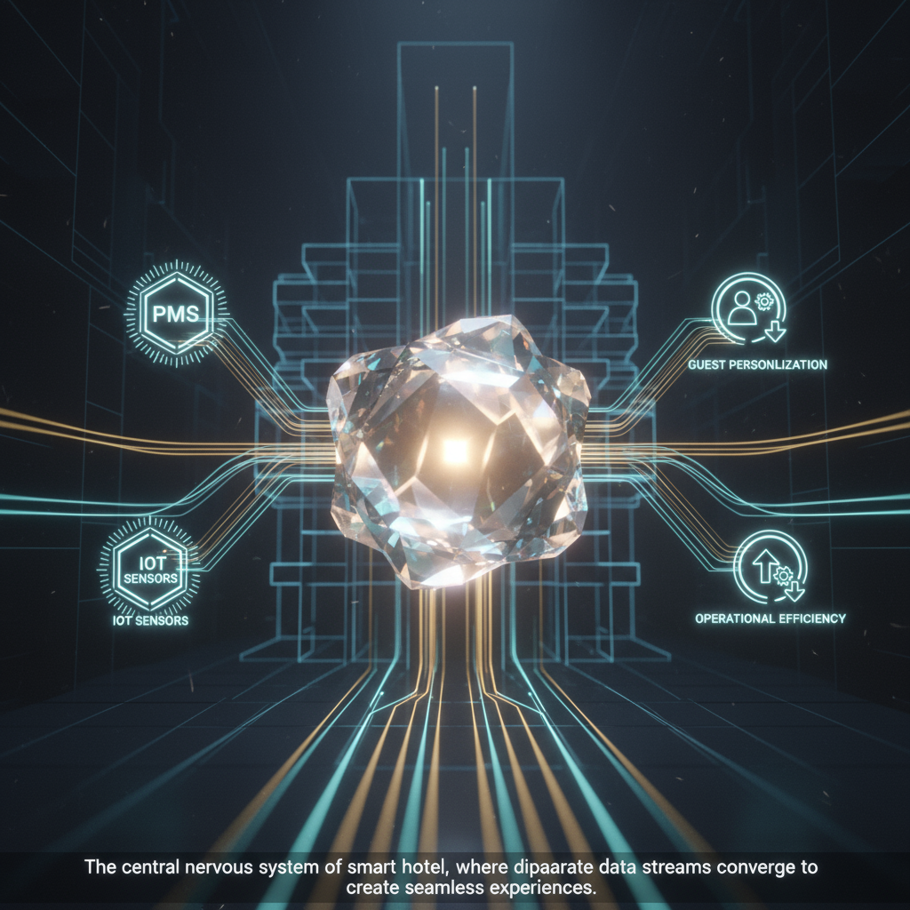 A diagram showing data from PMS, BMS, and IoT sensors feeding into a central digital twin platform, which then outputs actions for guest personalization and operational efficiency.