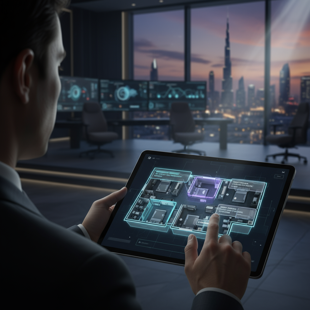 A tablet interface showing a hotel manager viewing a digital twin of a hotel floor, with real-time alerts for maintenance and housekeeping.