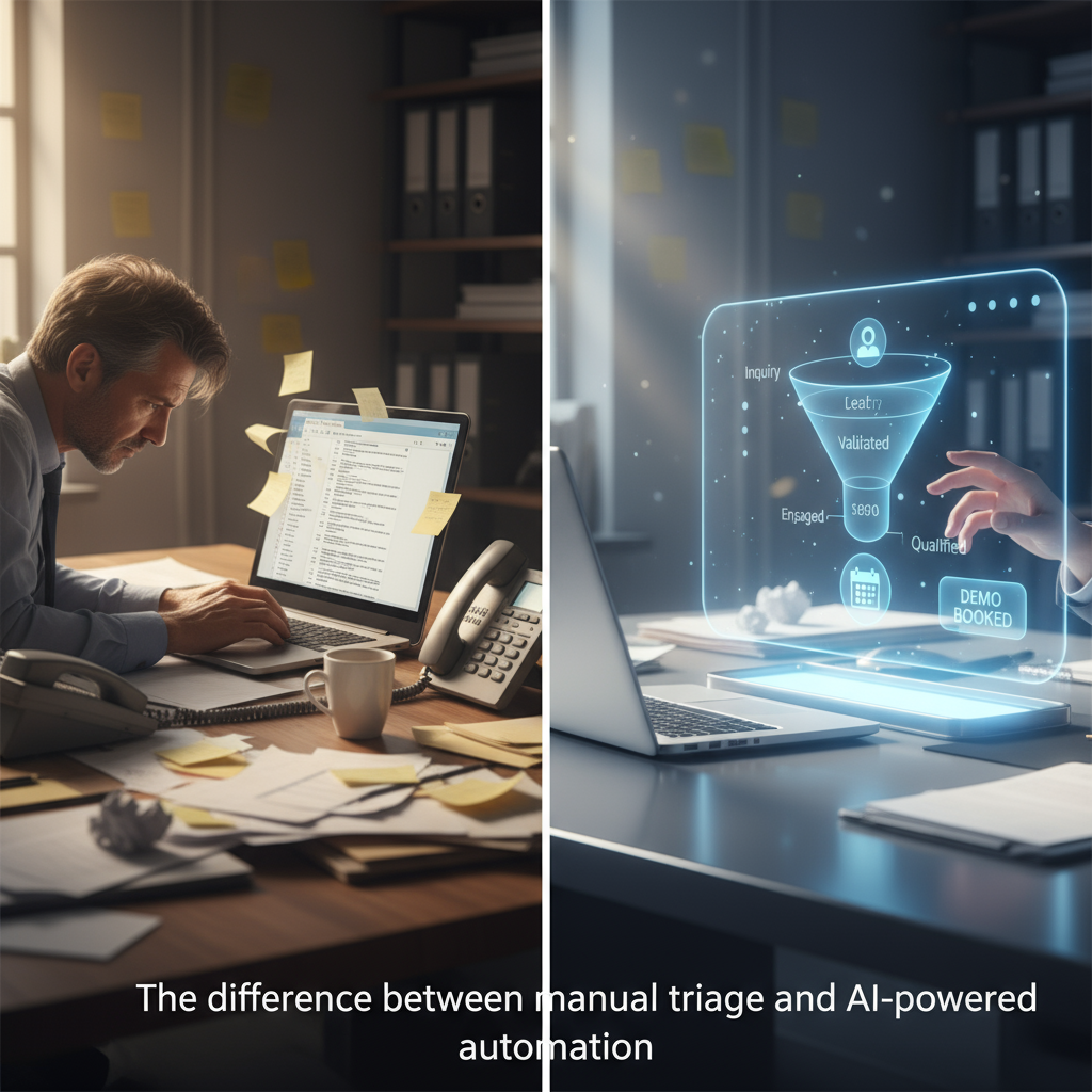 A diagram comparing a slow manual lead qualification process with a fast, automated AI-driven process that leads to a booked demo.