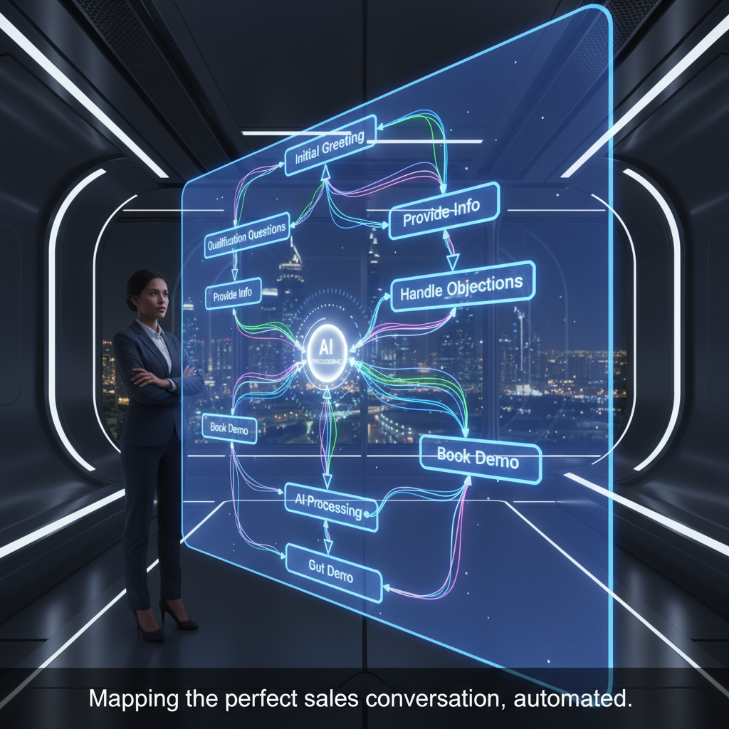 A flowchart illustrating the conversational logic of an AI sales agent, from the initial greeting to qualifying questions and finally booking a meeting in the calendar.