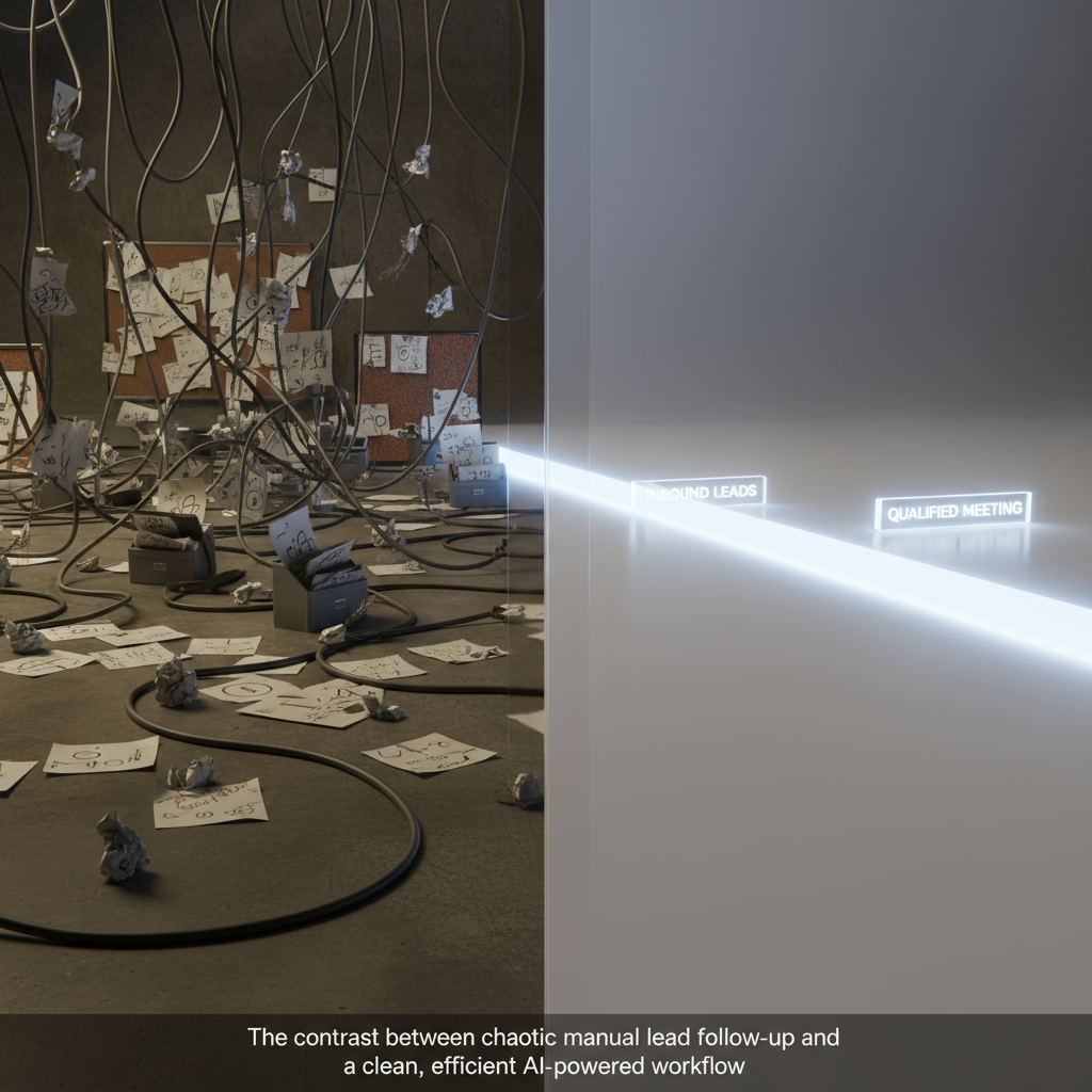 A flowchart showing the messy process of manual lead triage versus a clean, automated AI workflow.