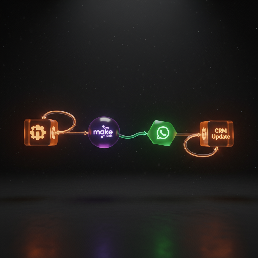 A diagram showing the automation flow from a HubSpot form submission, through a Make.com webhook, to a WhatsApp message being sent, and finally updating the CRM.