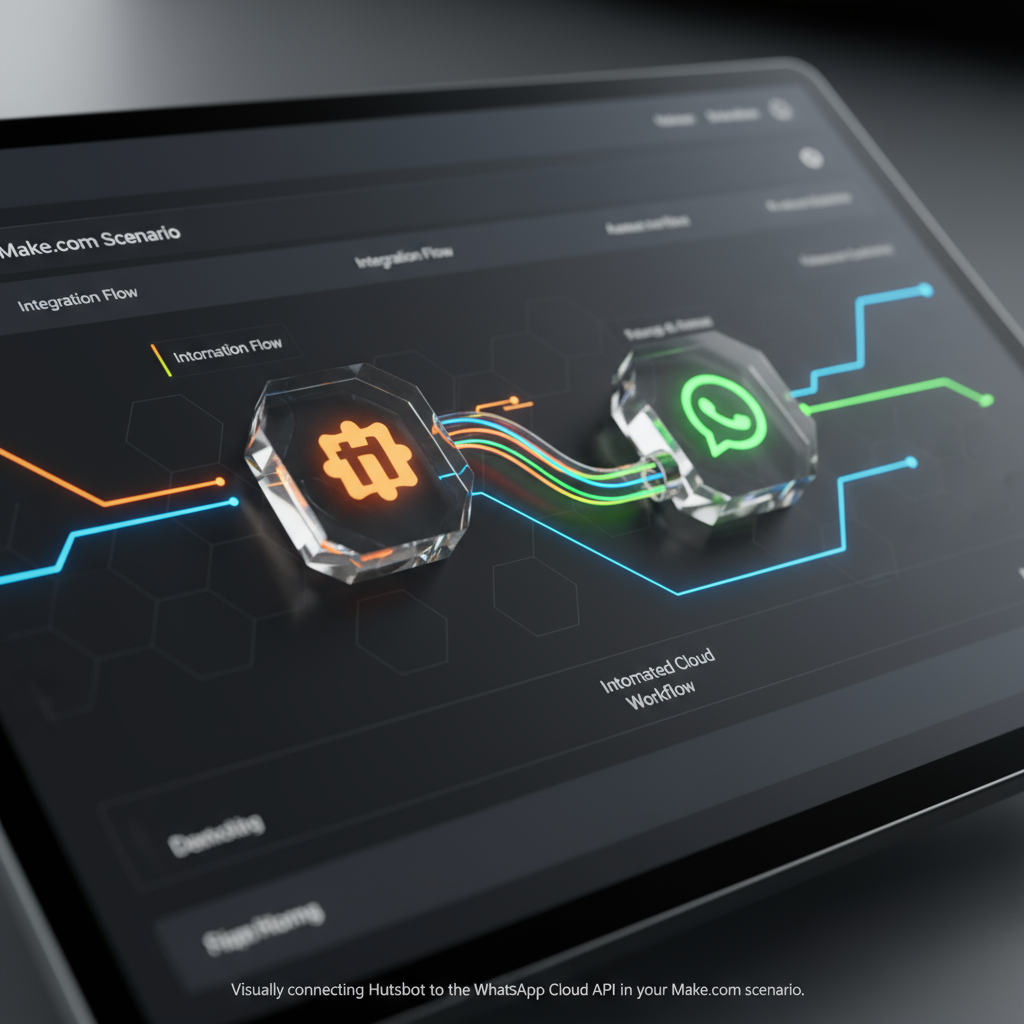 Screenshot of the Make.com interface showing the HubSpot webhook module connected to the WhatsApp Cloud API module.