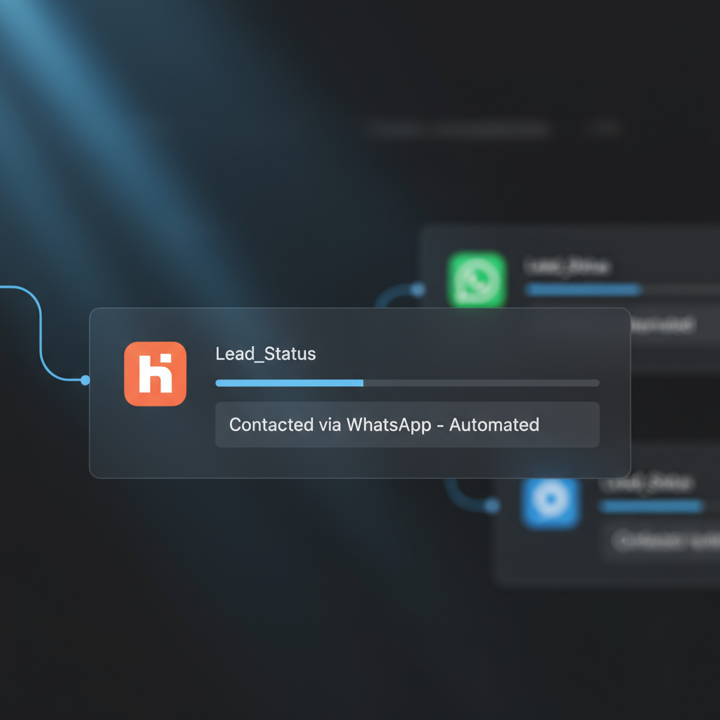 A Make.com scenario showing the final step: updating the contact's lead status property in HubSpot after the WhatsApp message is sent.