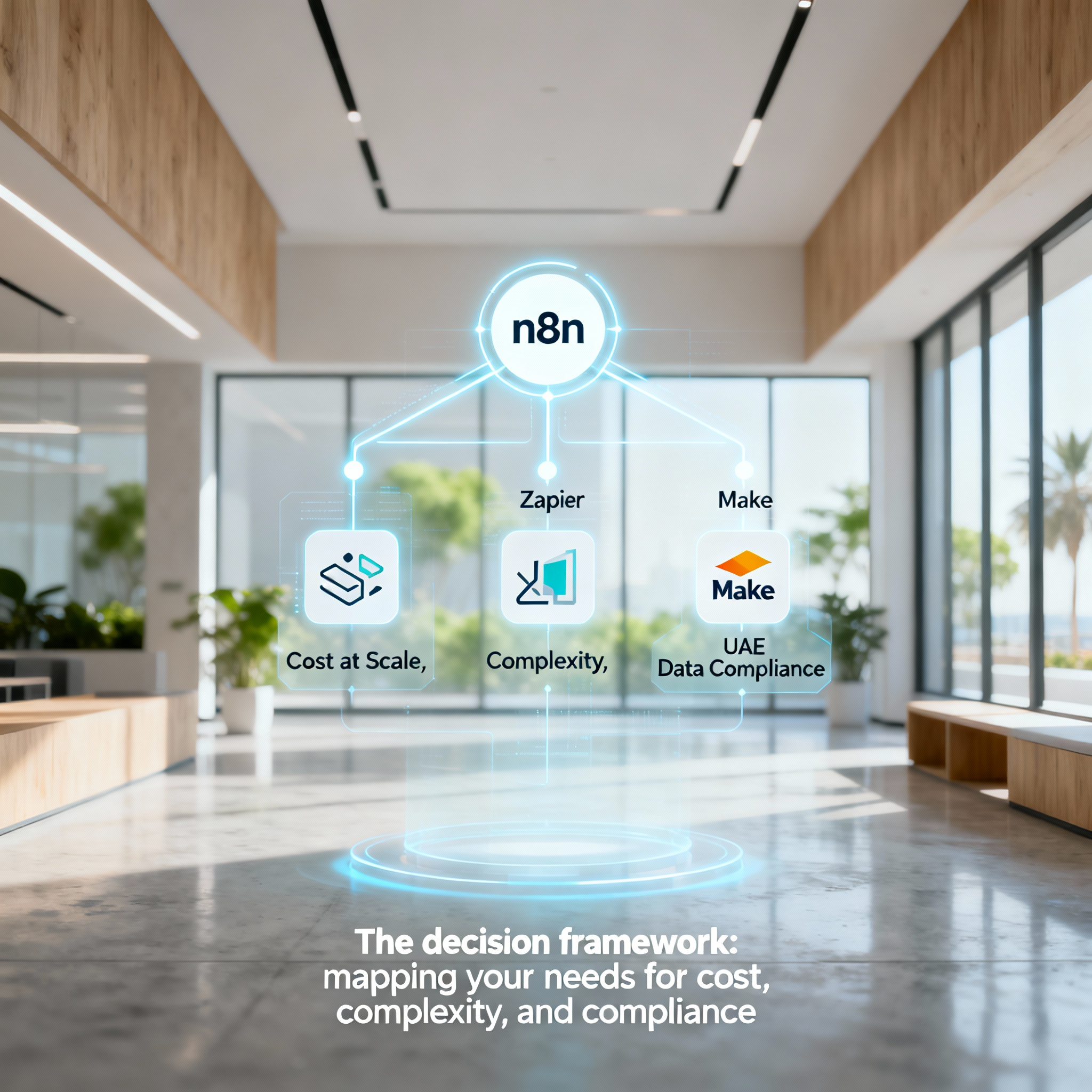 A flowchart showing the decision points for choosing between n8n, Zapier, and Make for an AI sales agent.
