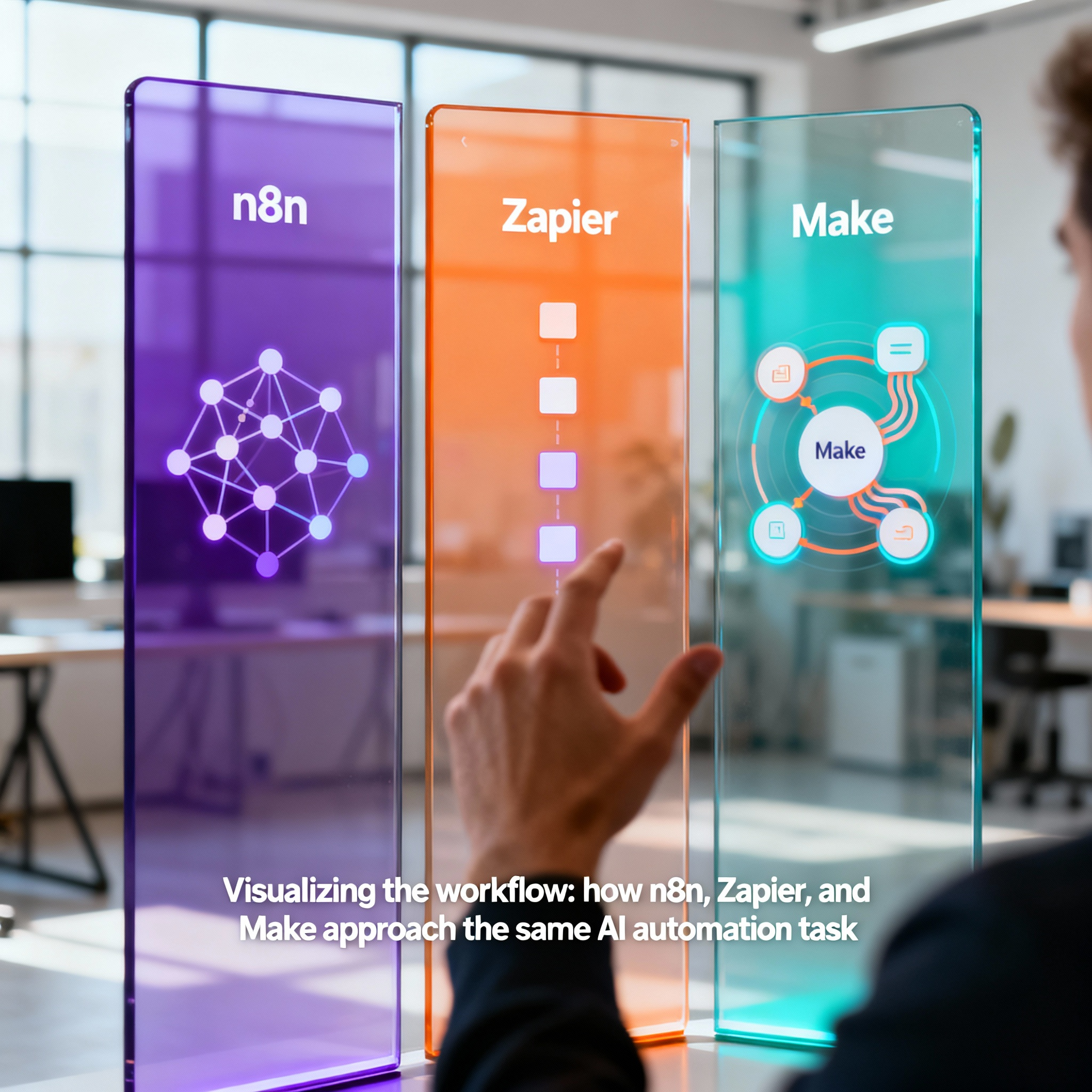 A side-by-side comparison of workflow builders in n8n, Zapier, and Make for the same AI task.