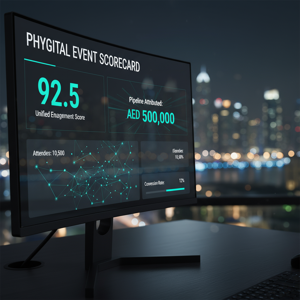 A dashboard showing a unified phygital event scorecard with metrics for audience engagement, lead quality, and pipeline attribution.