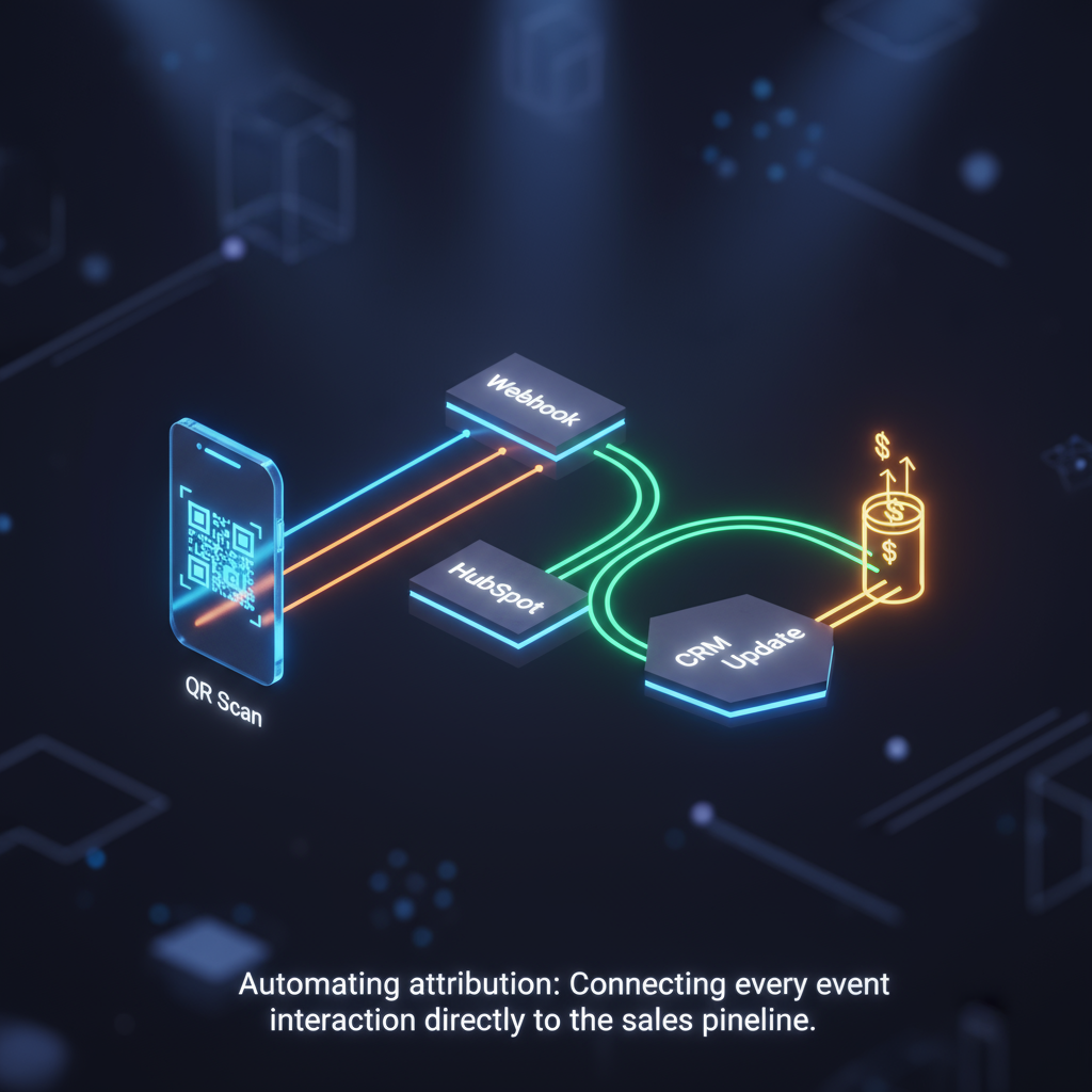 A workflow diagram showing how n8n connects data from a QR code scan to a HubSpot CRM contact record, attributing pipeline value.