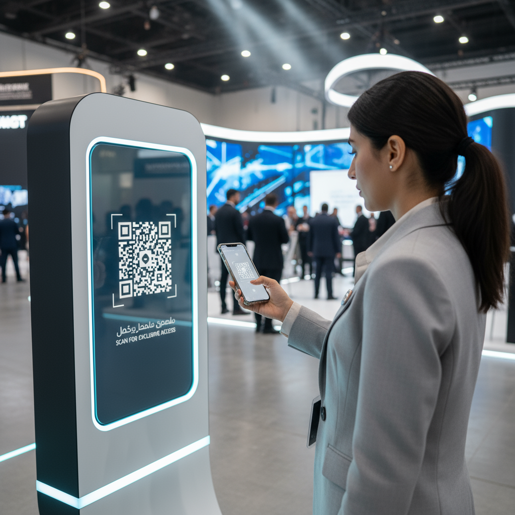 An attendee at a Dubai event scanning a QR code with their smartphone at a modern exhibition booth.