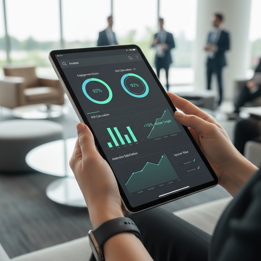 A person reviewing analytics on a tablet, with charts showing event engagement and ROI calculations.