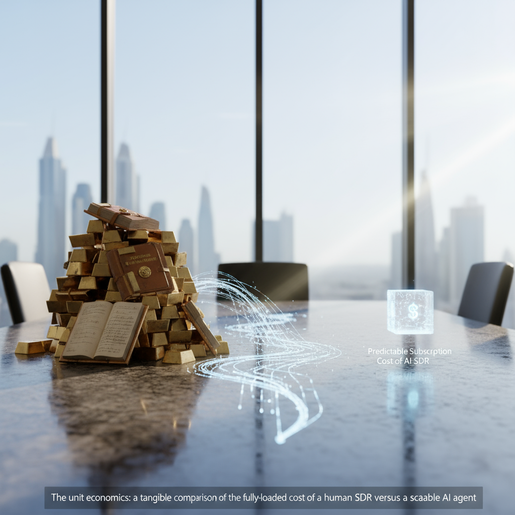 A comparison table showing the annual costs of a human SDR versus an AI SDR, highlighting savings on salary, recruitment, tools, and training.