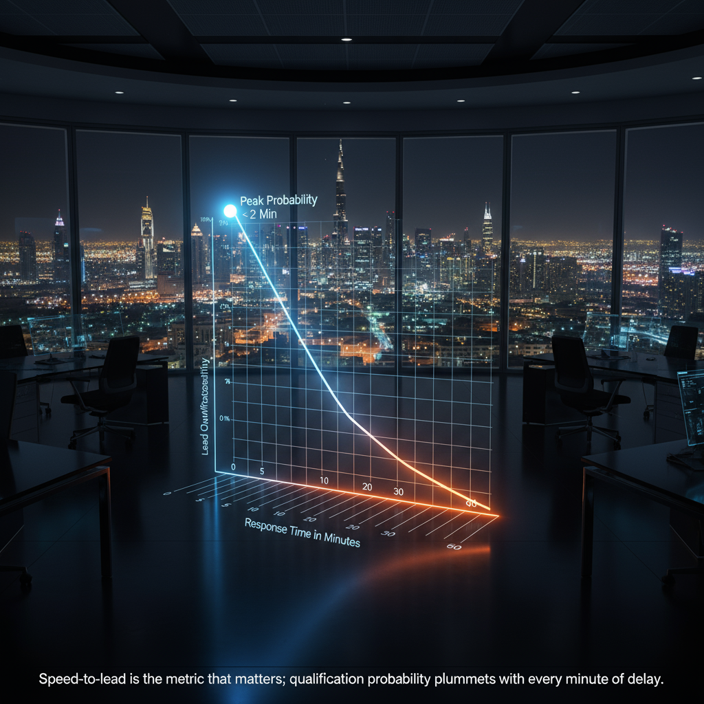 A line graph showing the sharp decline in lead qualification probability as response time increases from 1 minute to 60 minutes.