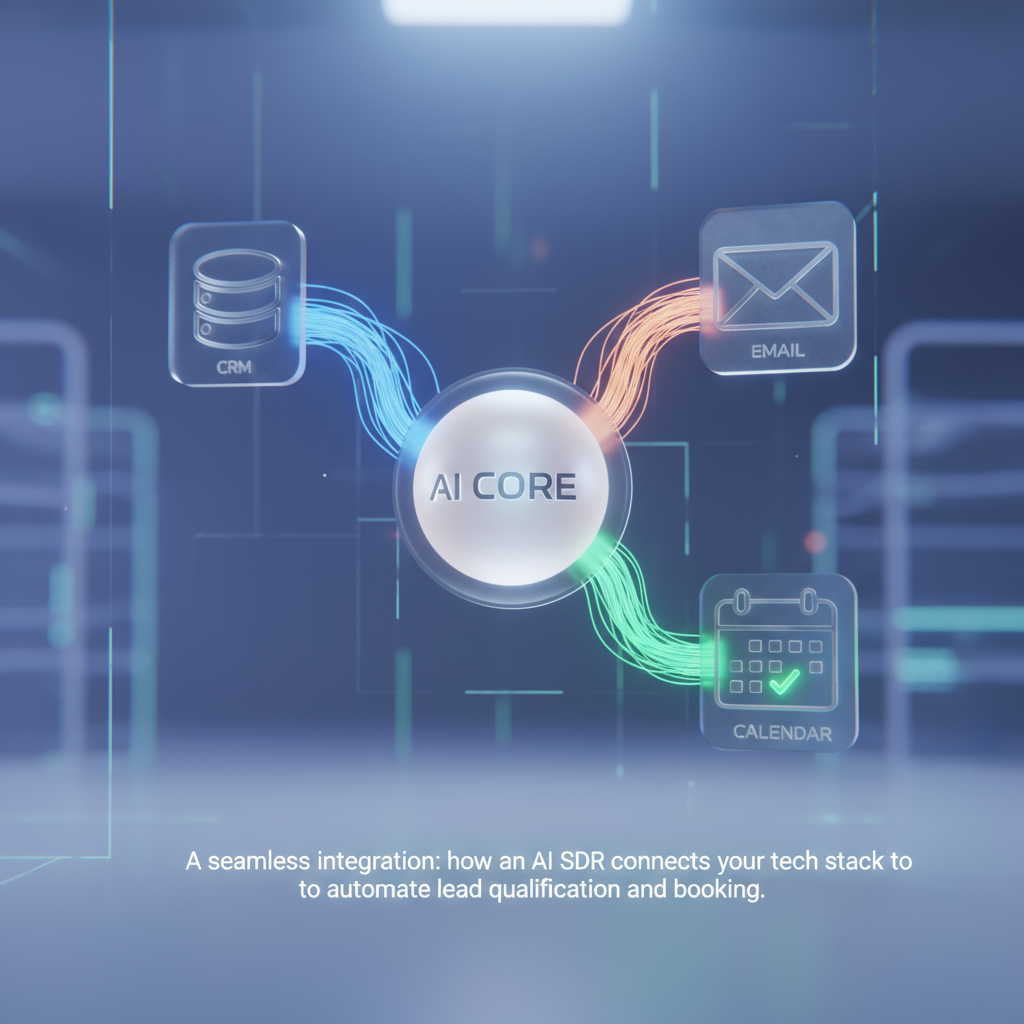 A flowchart diagram illustrating how an AI SDR integrates with a company's CRM, email, and calendar to automate lead qualification and booking.