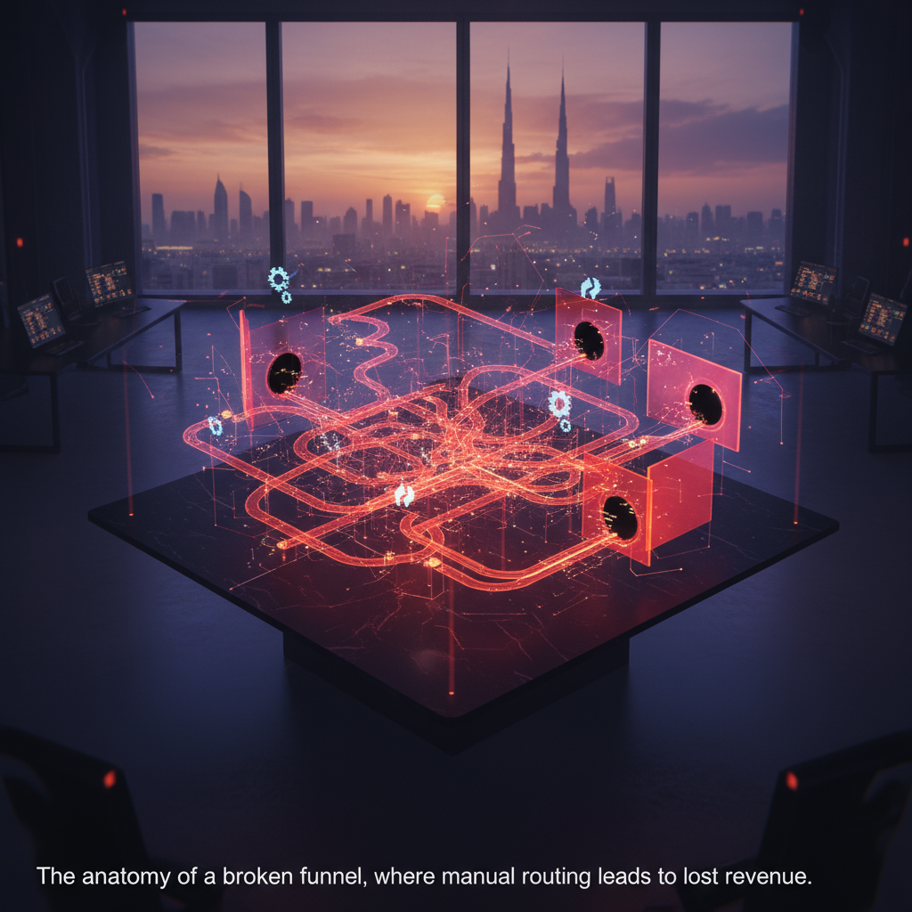 A chaotic, messy diagram showing leads being manually routed in multiple directions with delays and dead ends, representing a broken workflow.
